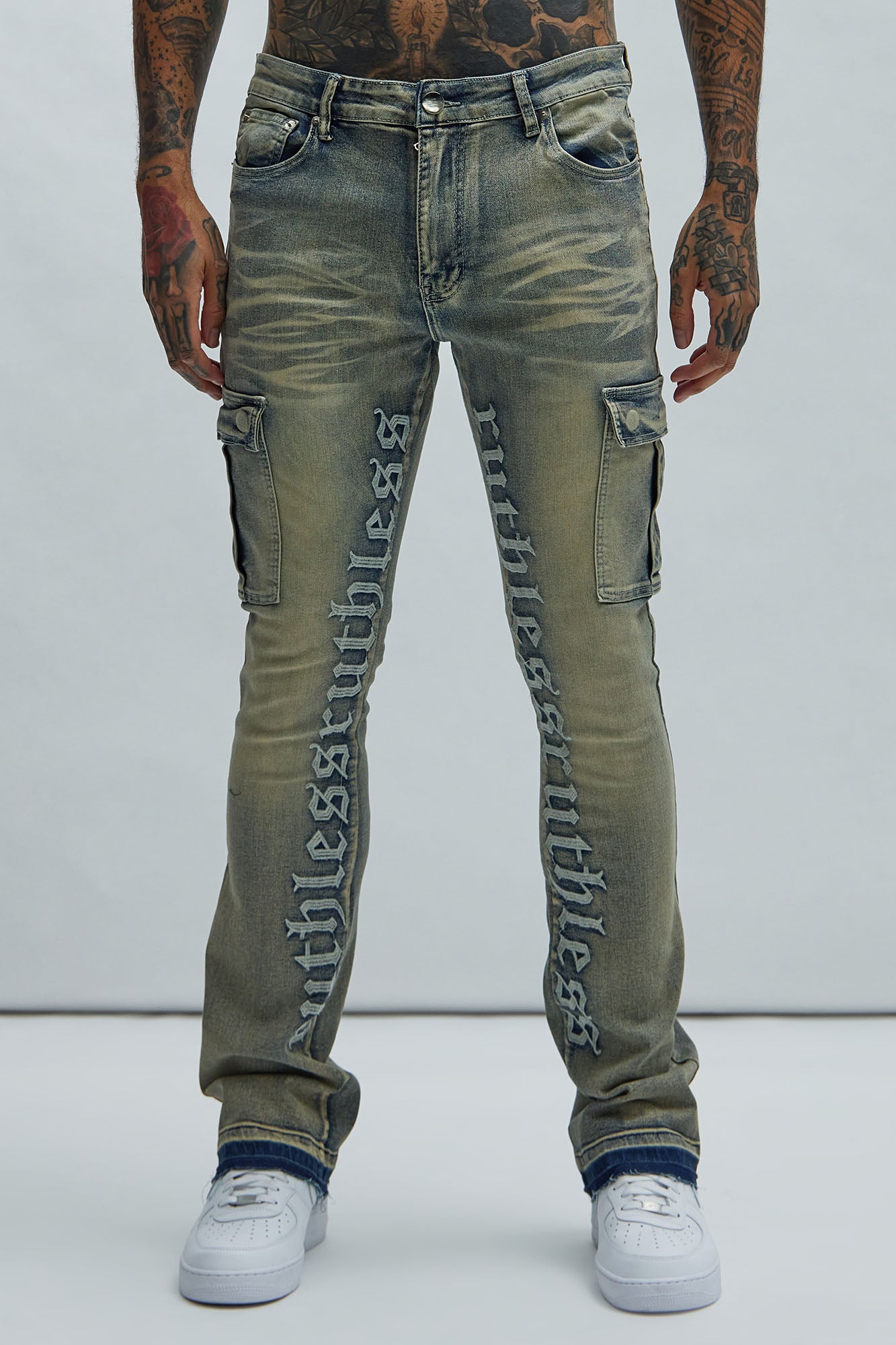 Ruthless Embroidered Stacked Skinny Cargo Flare Jeans - Medium Wash - Image 3