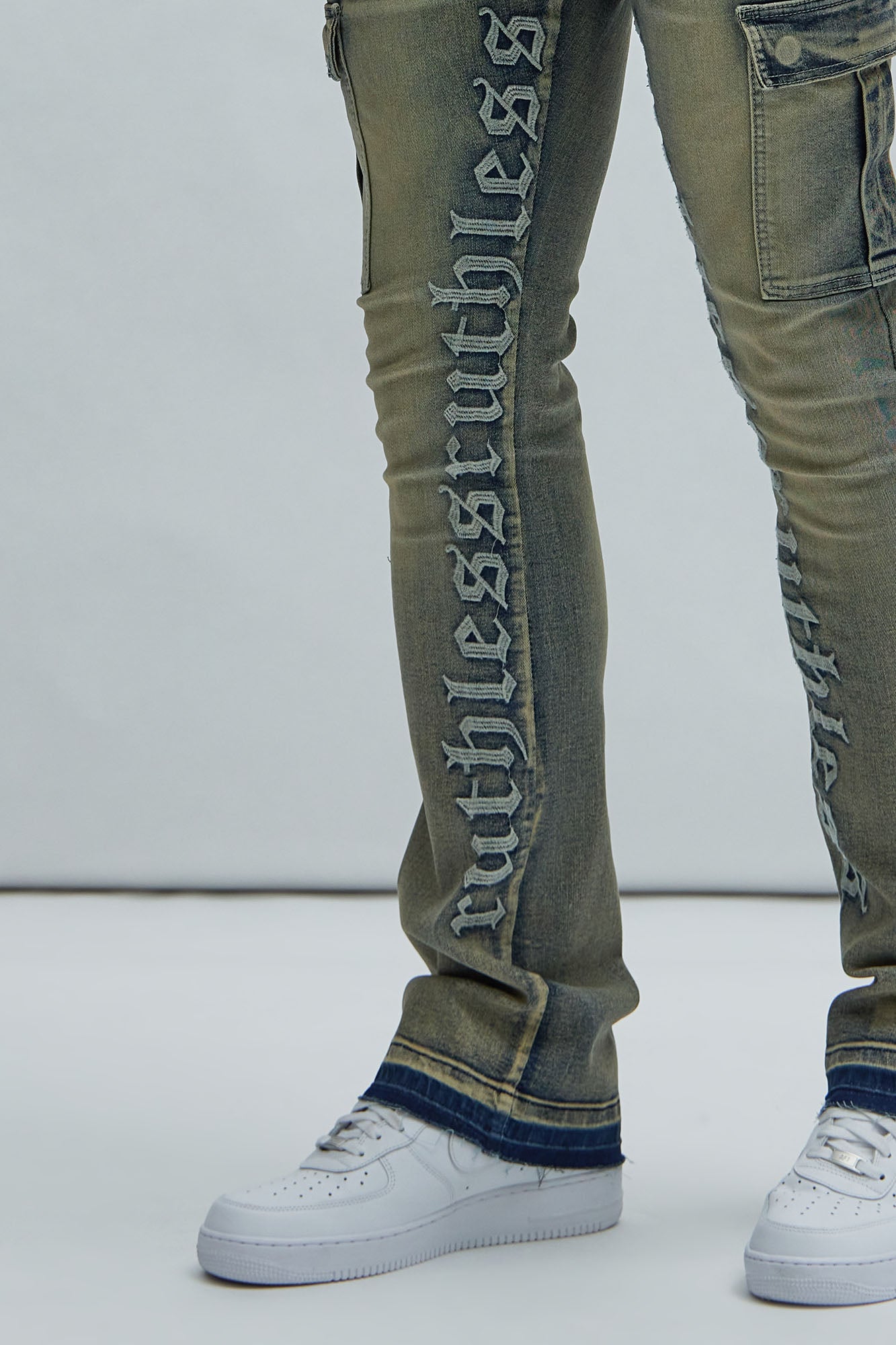 Ruthless Embroidered Stacked Skinny Cargo Flare Jeans - Medium Wash - Image 4