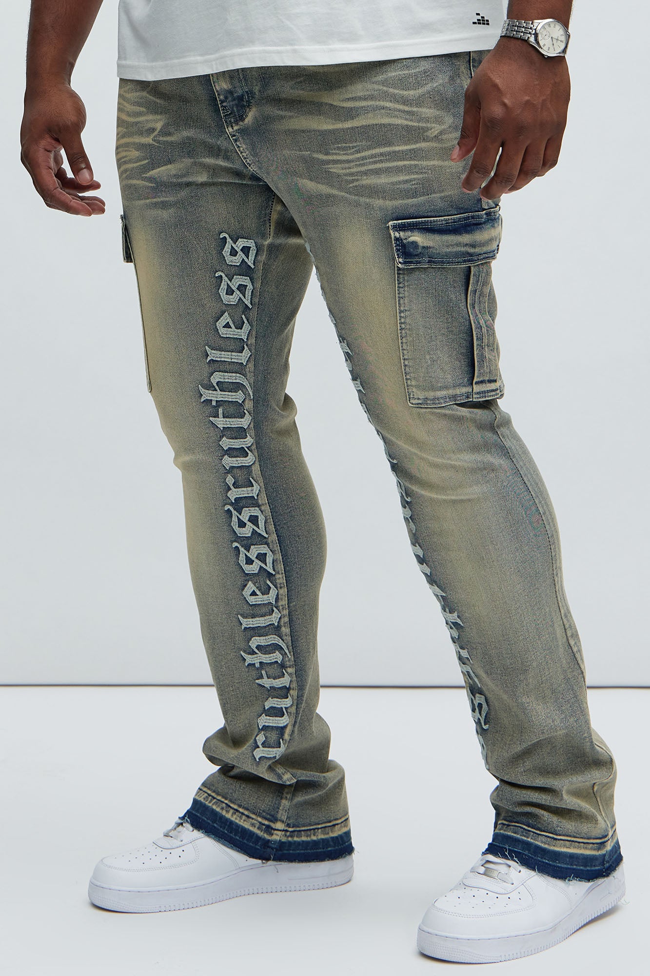 Ruthless Embroidered Stacked Skinny Cargo Flare Jeans - Medium Wash - Image 6