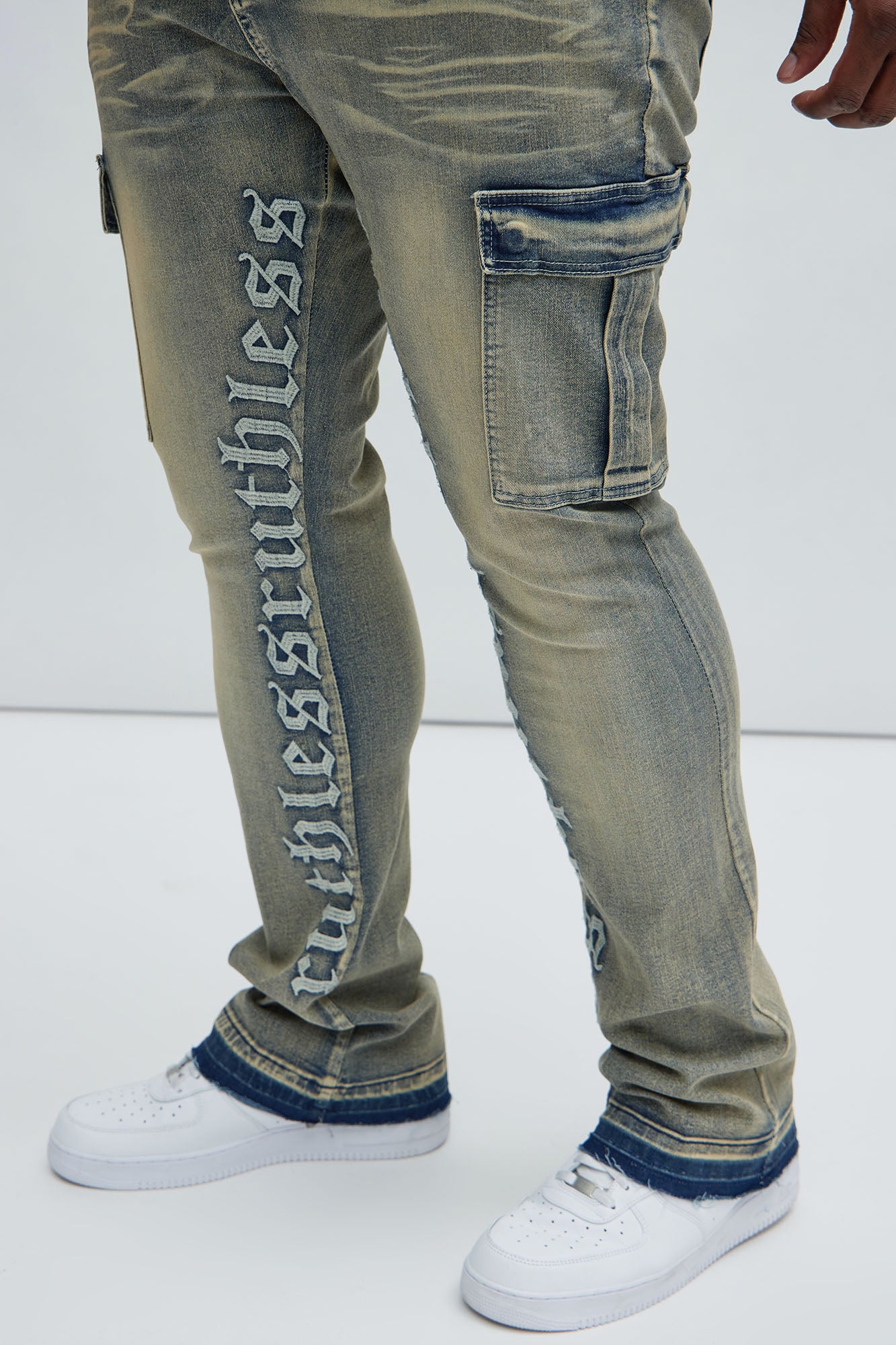 Ruthless Embroidered Stacked Skinny Cargo Flare Jeans - Medium Wash - Image 8