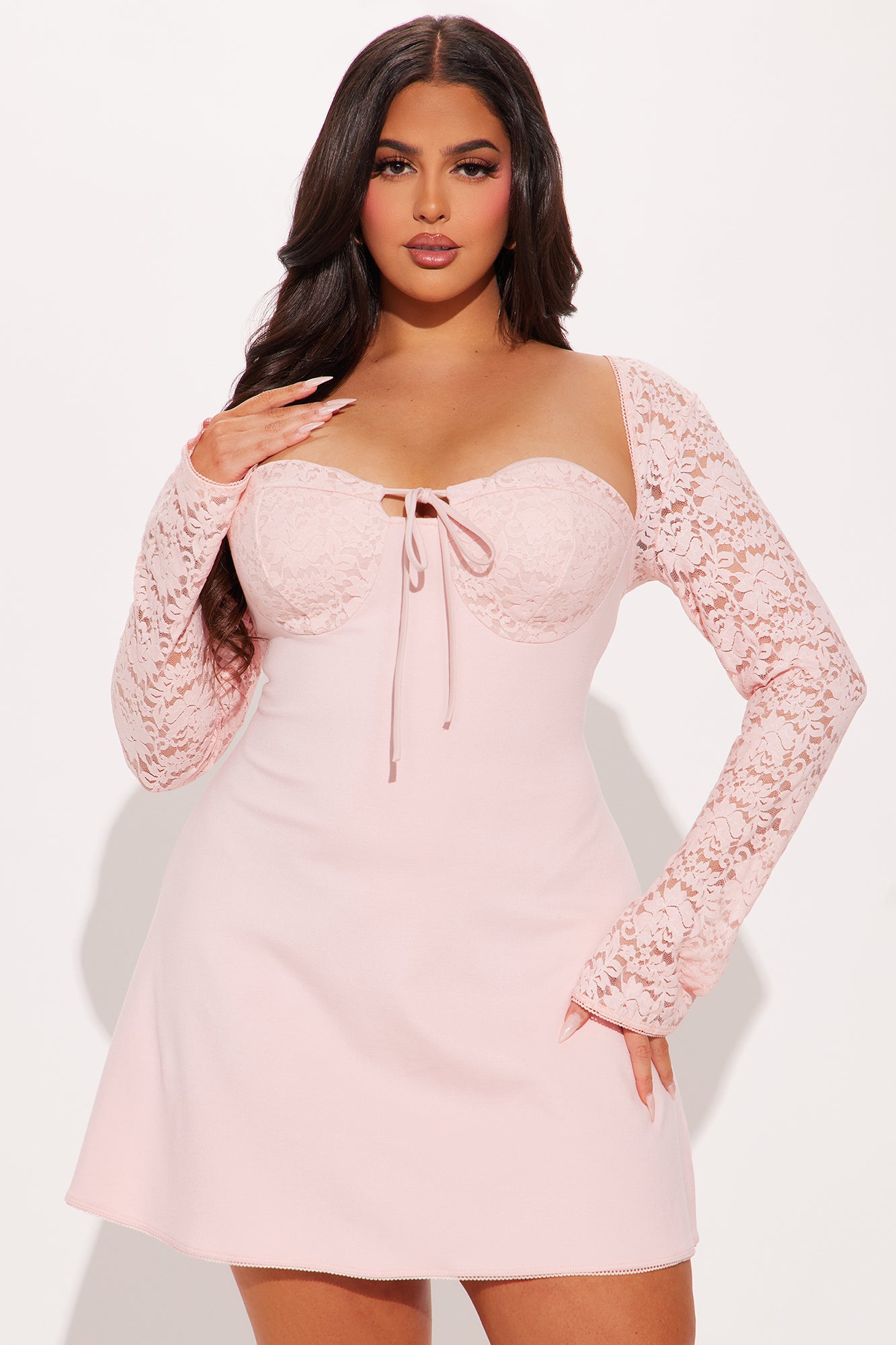 Emilina Long Sleeve Lace Mini Dress - Blush - Image 5