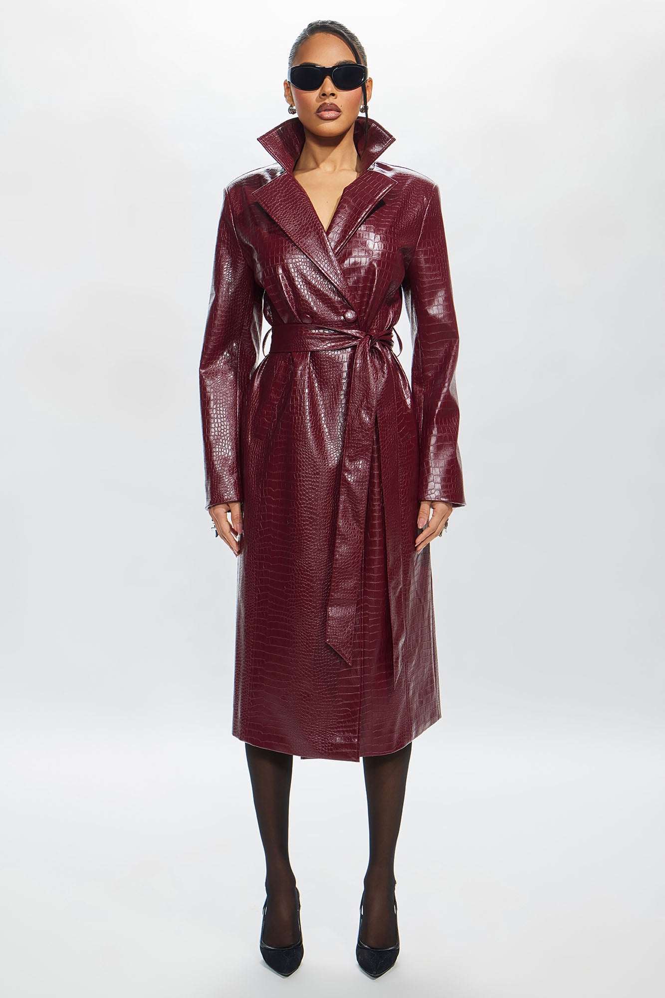 Victoria Faux Leather Trench Coat - Burgundy - Image 7