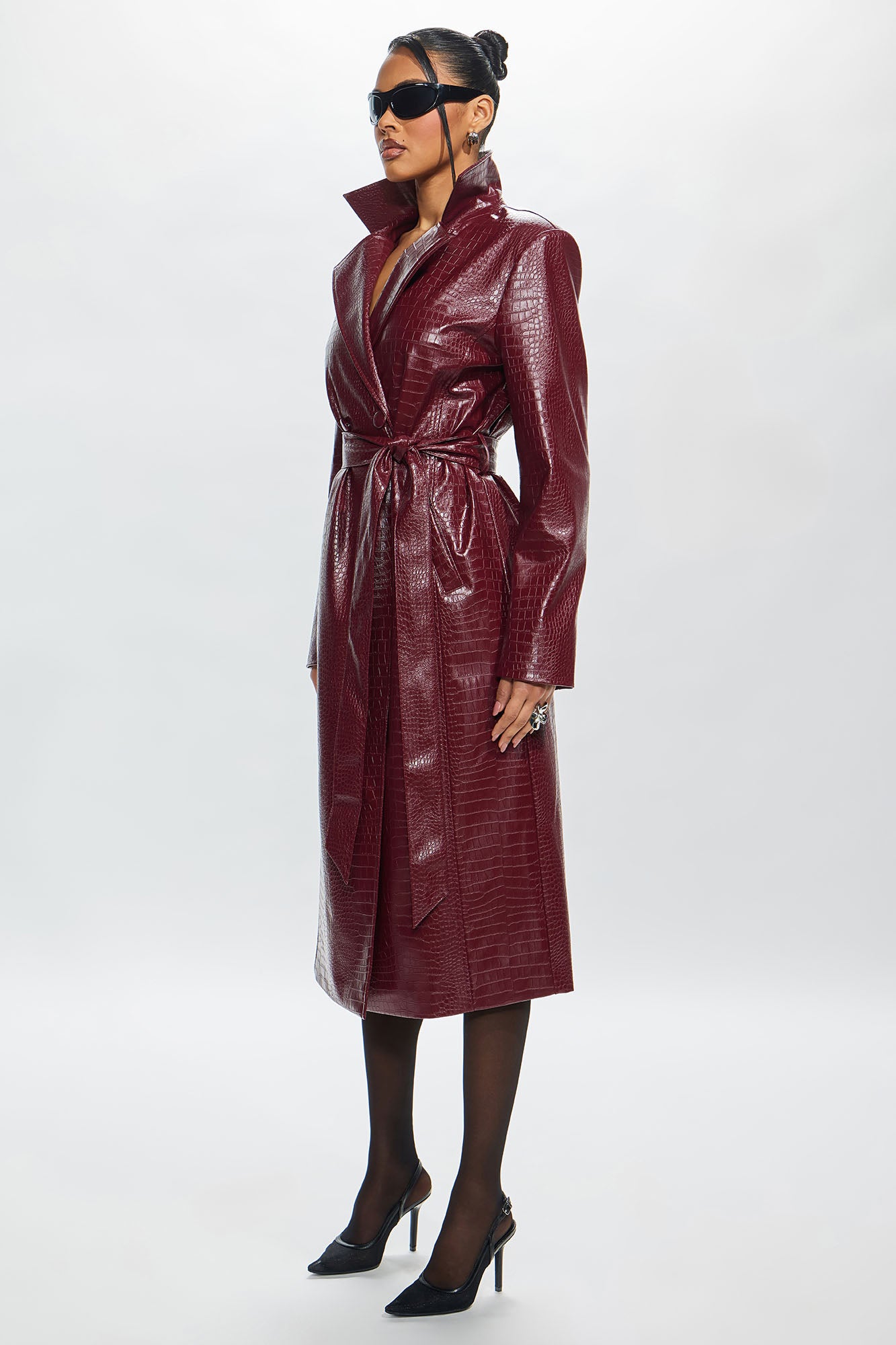 Victoria Faux Leather Trench Coat - Burgundy - Image 8