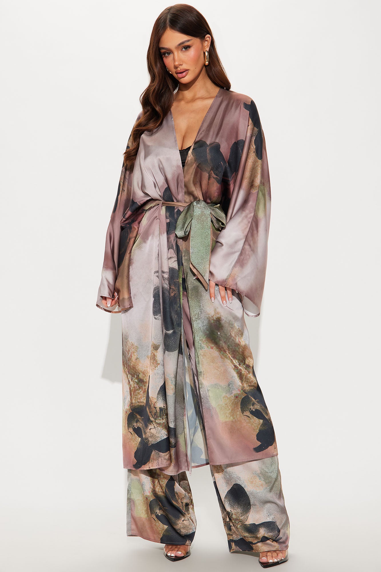 Dark Seduction Satin Kimono Pant Set - Brown/combo - Image 3