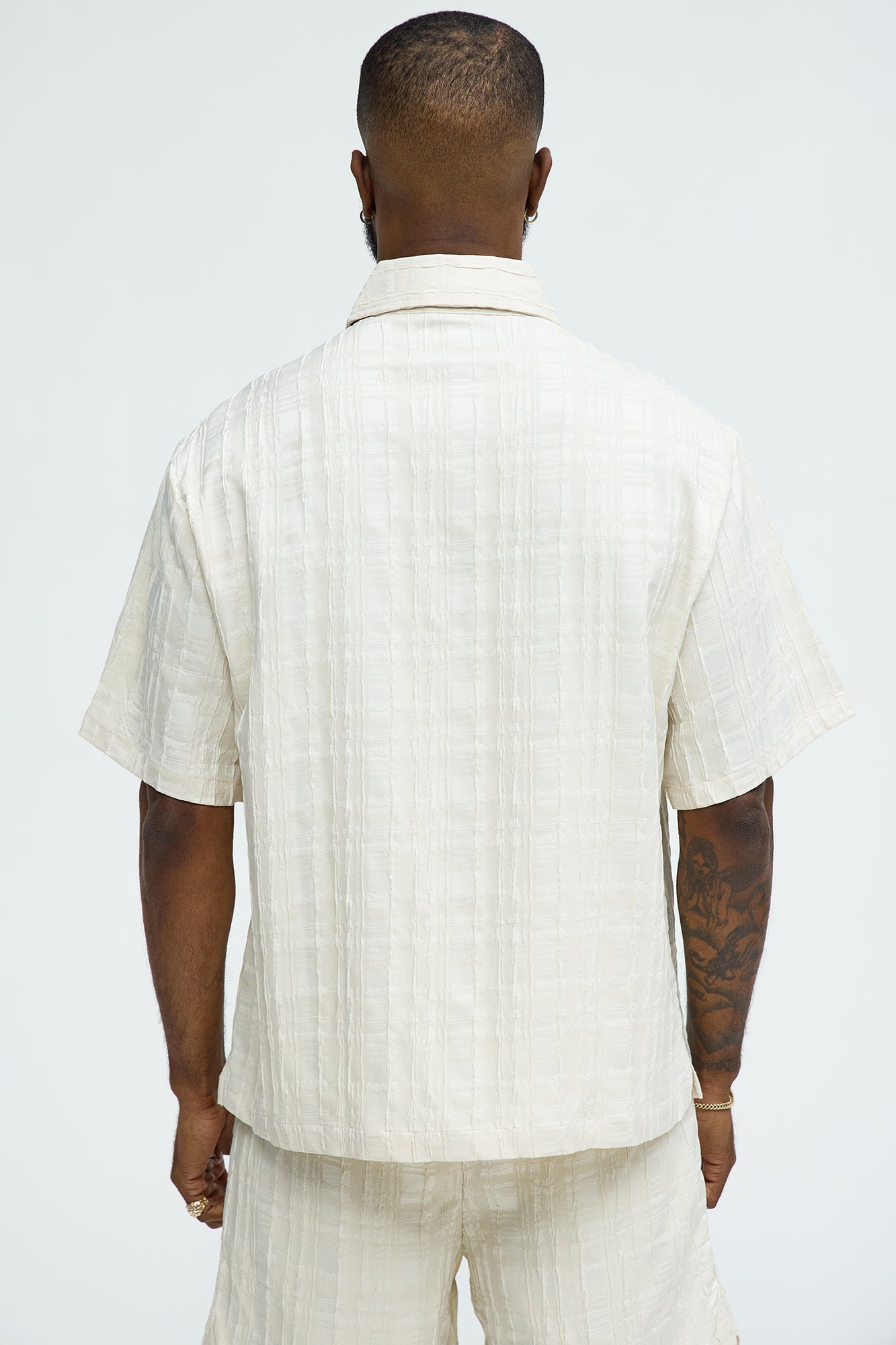 Plaid Crinkle Closed Collar Shirt - Off White - Image 4