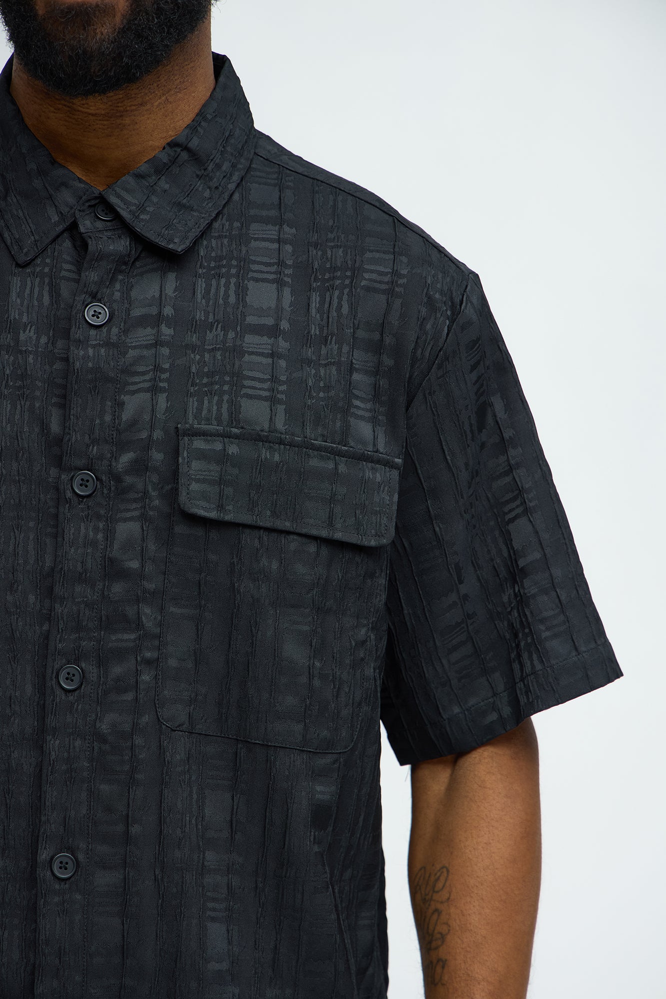 Plaid Crinkle Closed Collar Shirt - Black - Image 3