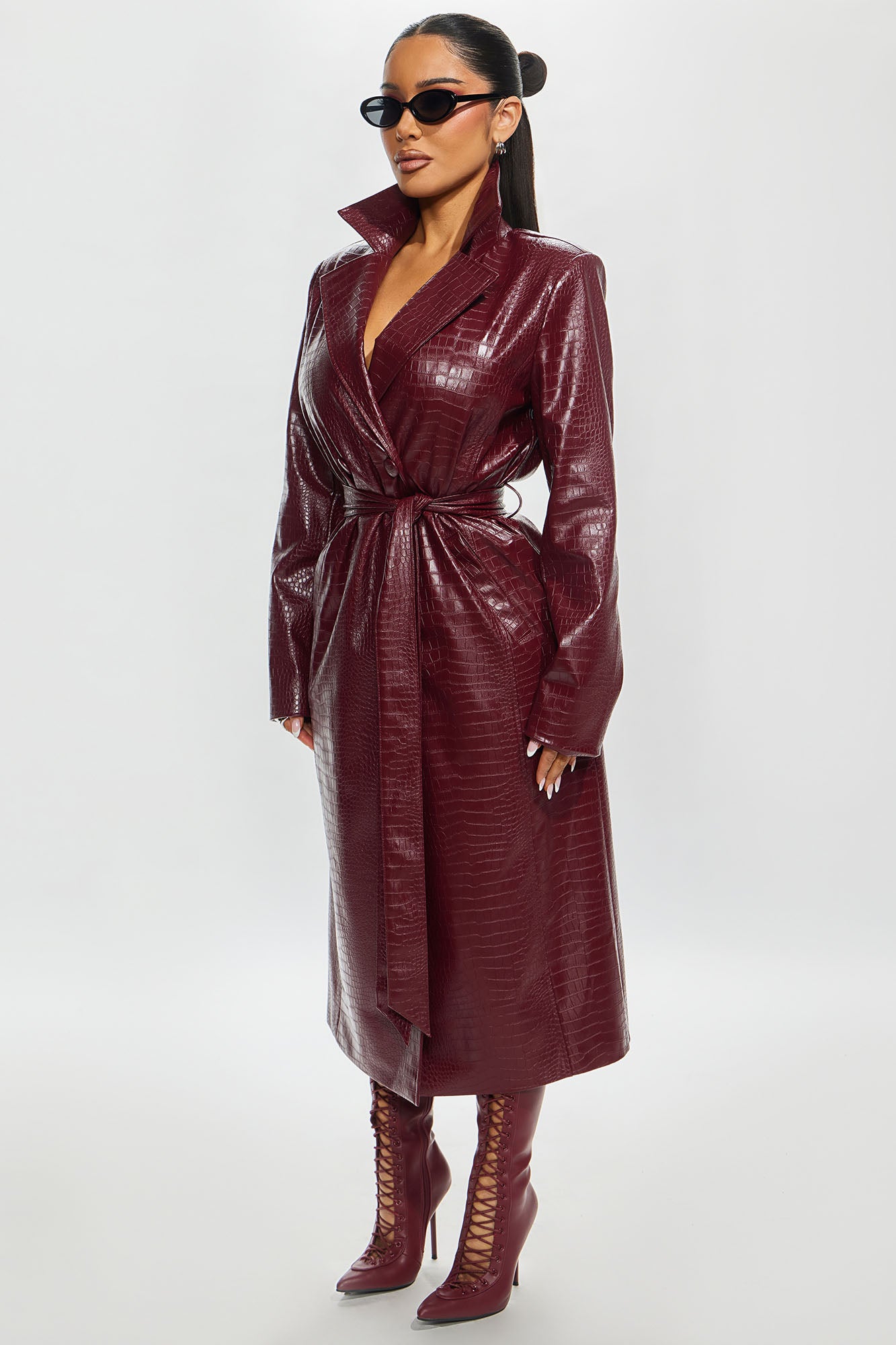 Victoria Faux Leather Trench Coat - Burgundy - Image 3