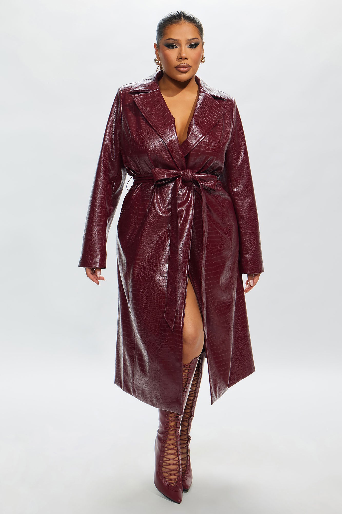 Victoria Faux Leather Trench Coat - Burgundy - Image 16