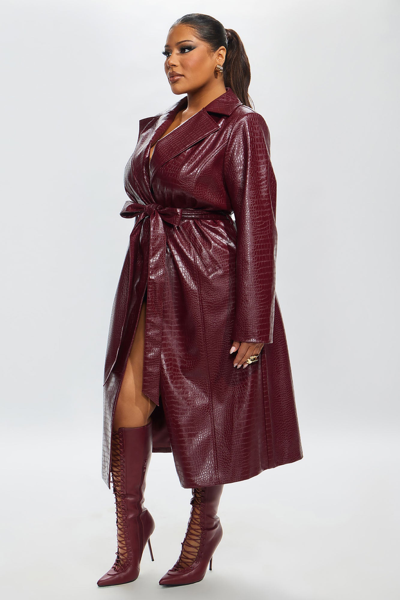 Victoria Faux Leather Trench Coat - Burgundy - Image 17