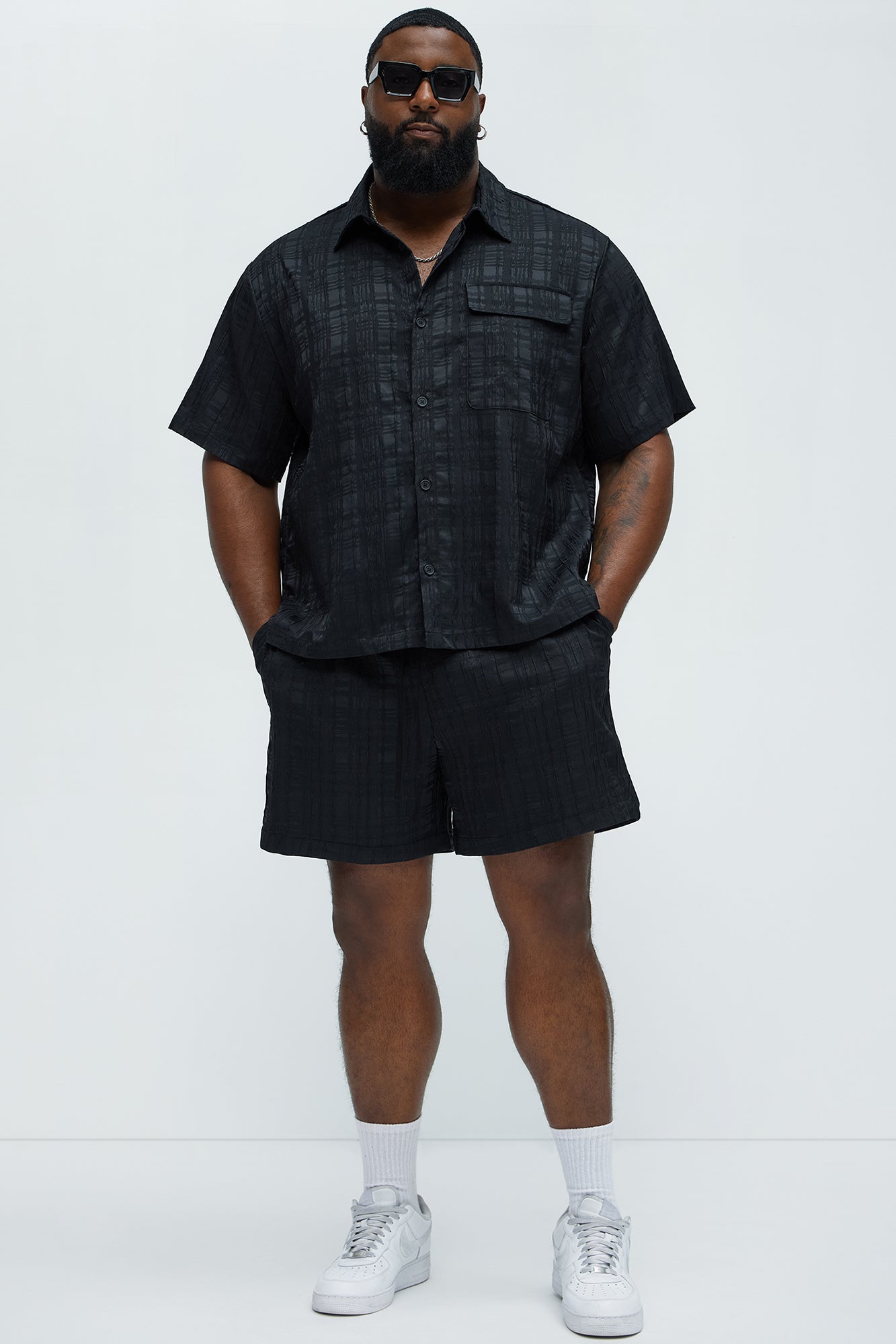 Plaid Crinkle Closed Collar Shirt - Black - Image 6