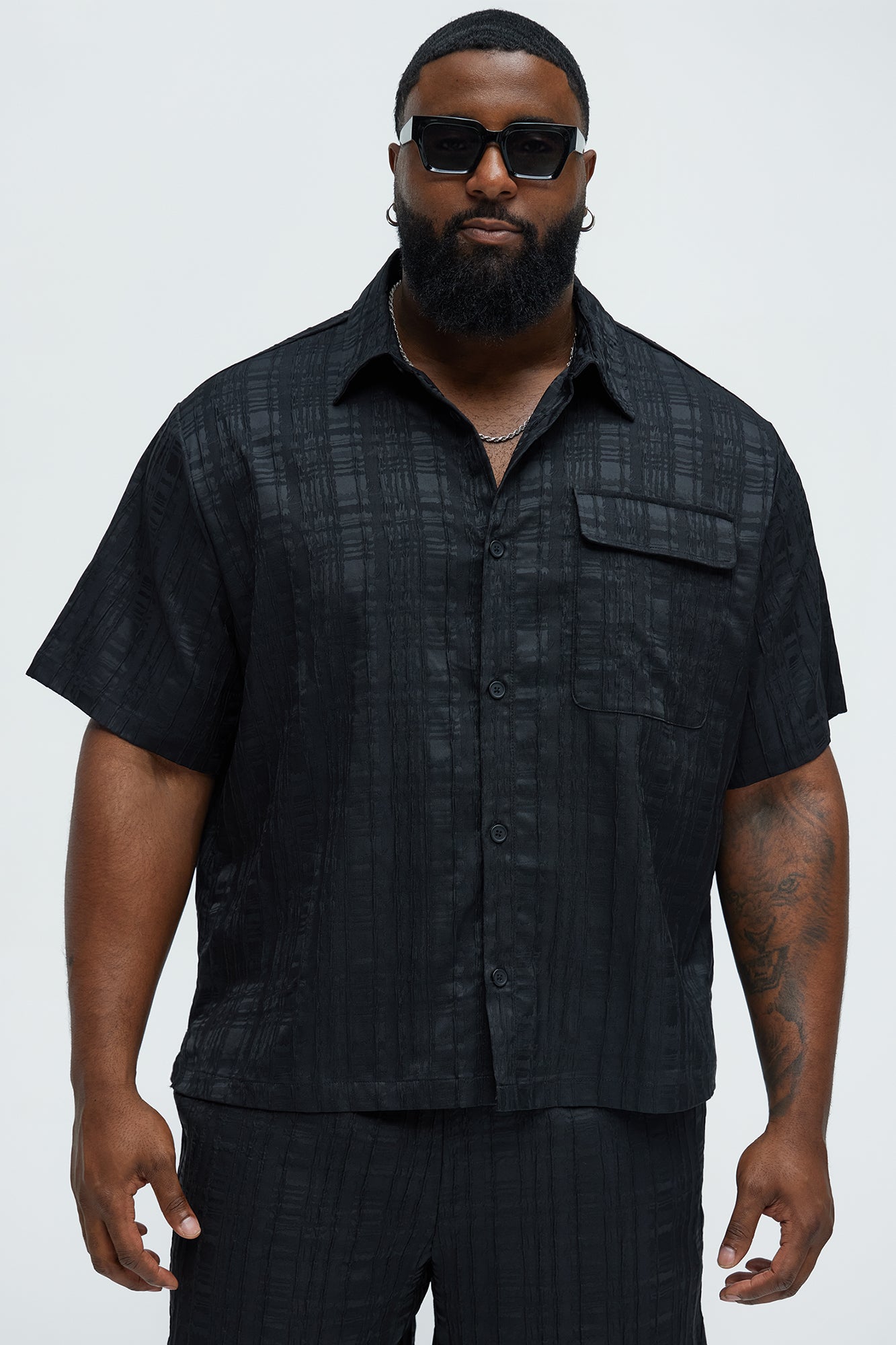 Plaid Crinkle Closed Collar Shirt - Black - Image 5