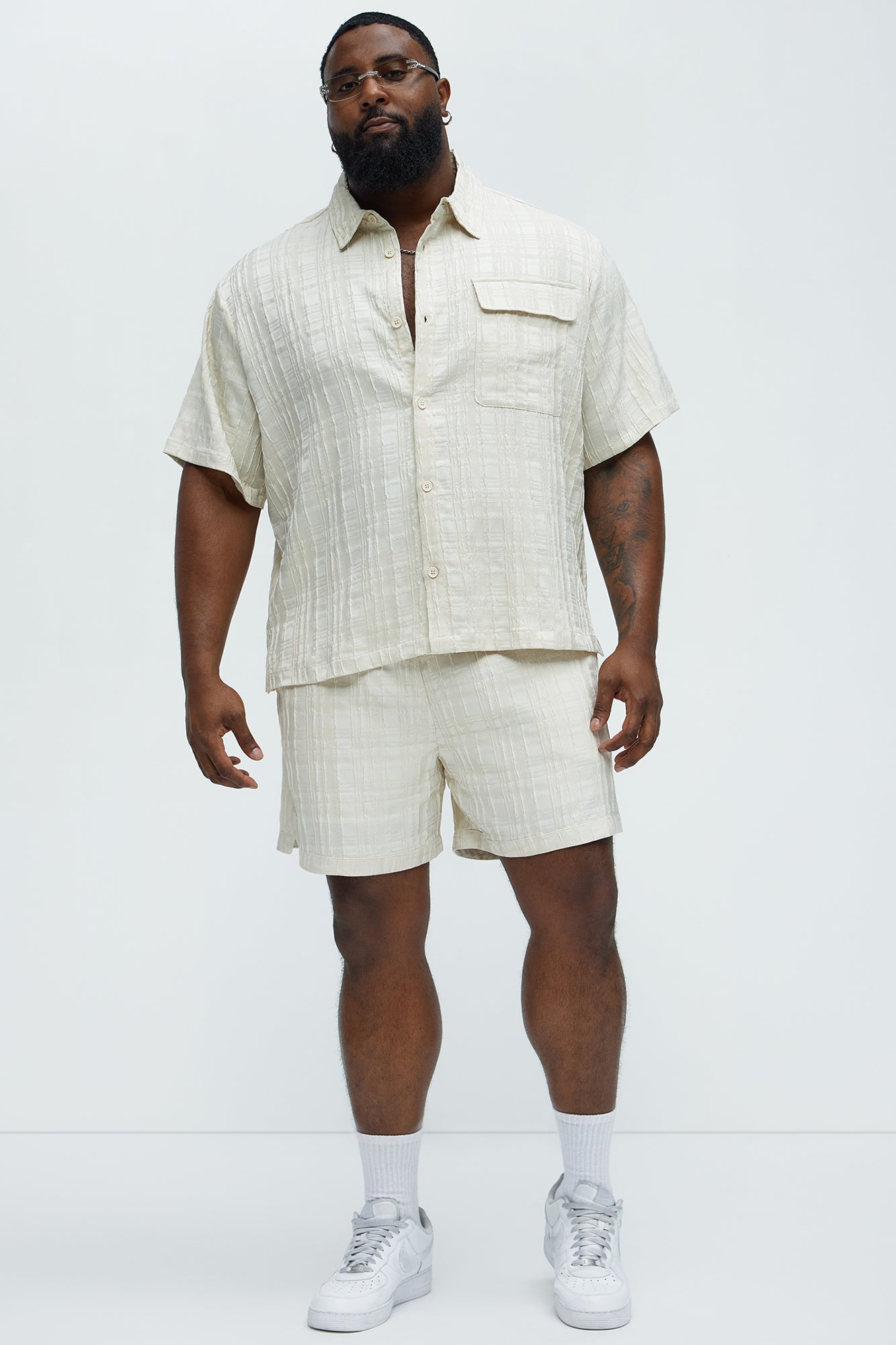 Plaid Crinkle Closed Collar Shirt - Off White - Image 6