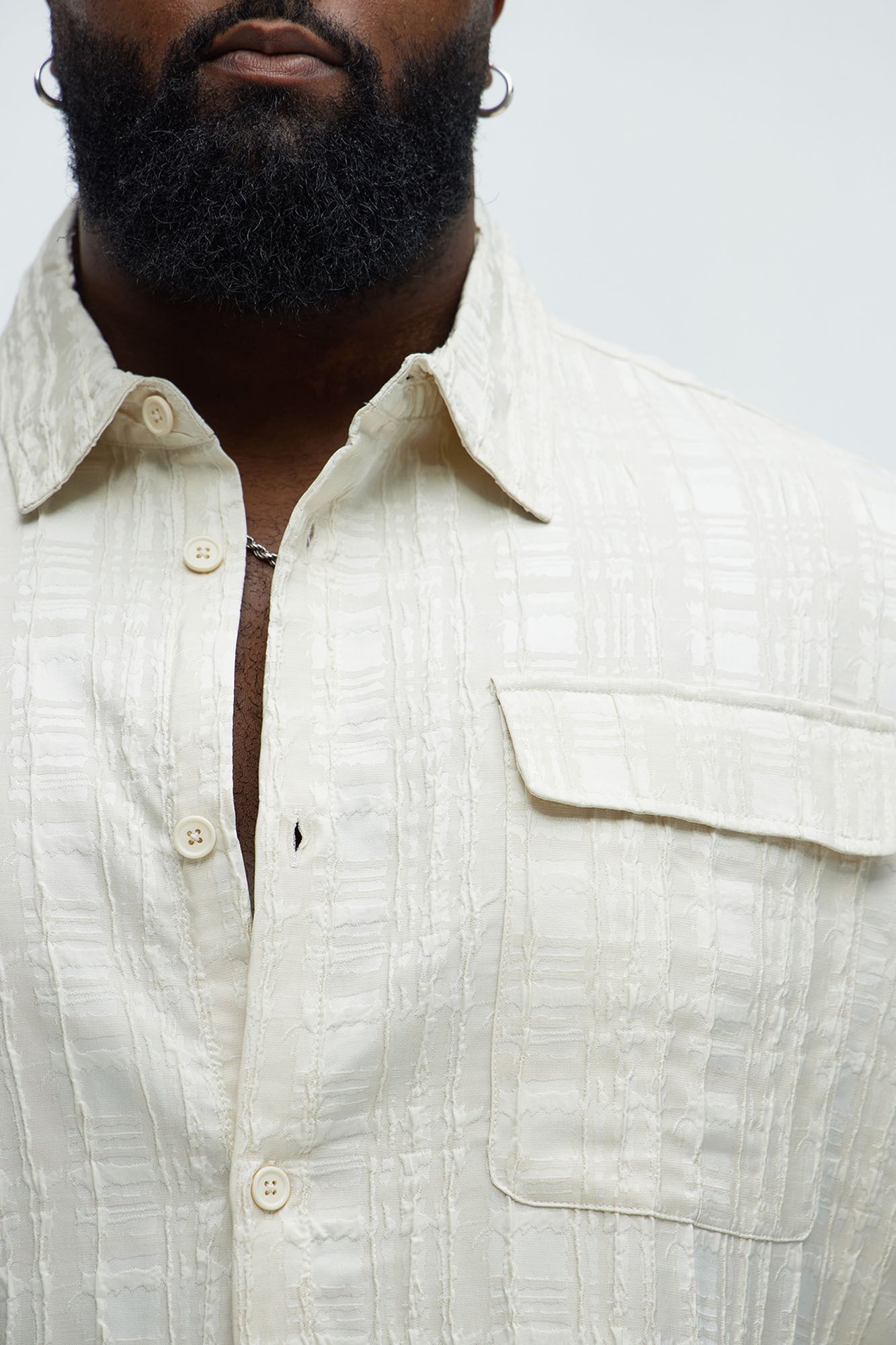 Plaid Crinkle Closed Collar Shirt - Off White - Image 7