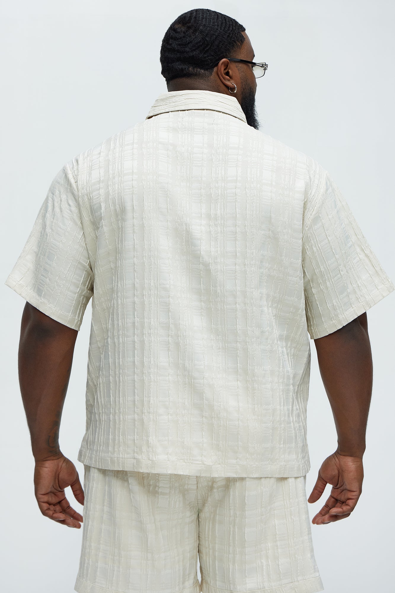 Plaid Crinkle Closed Collar Shirt - Off White - Image 8
