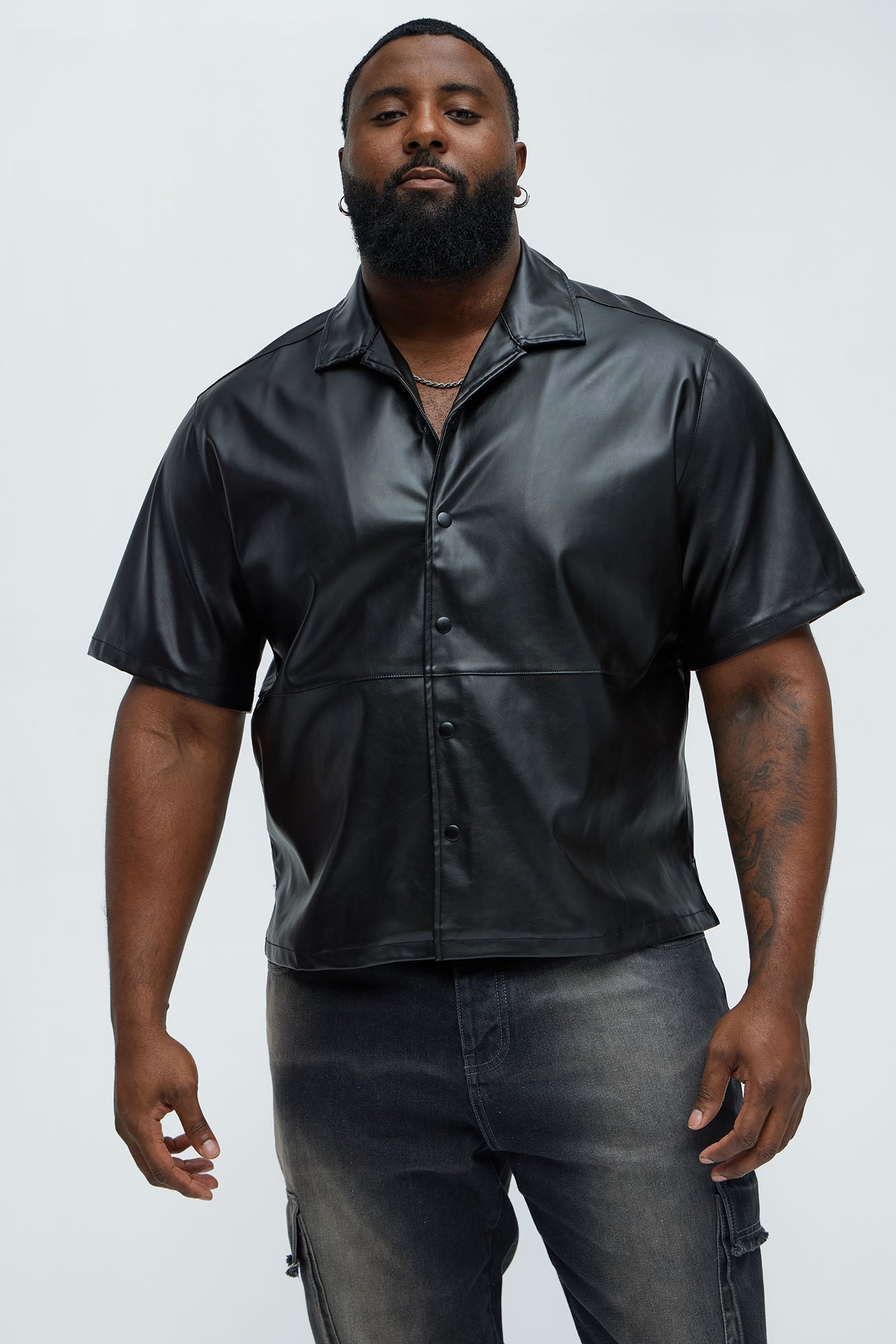 Slam Dunk Faux Leather Short Sleeve Button Up - Black - Image 4