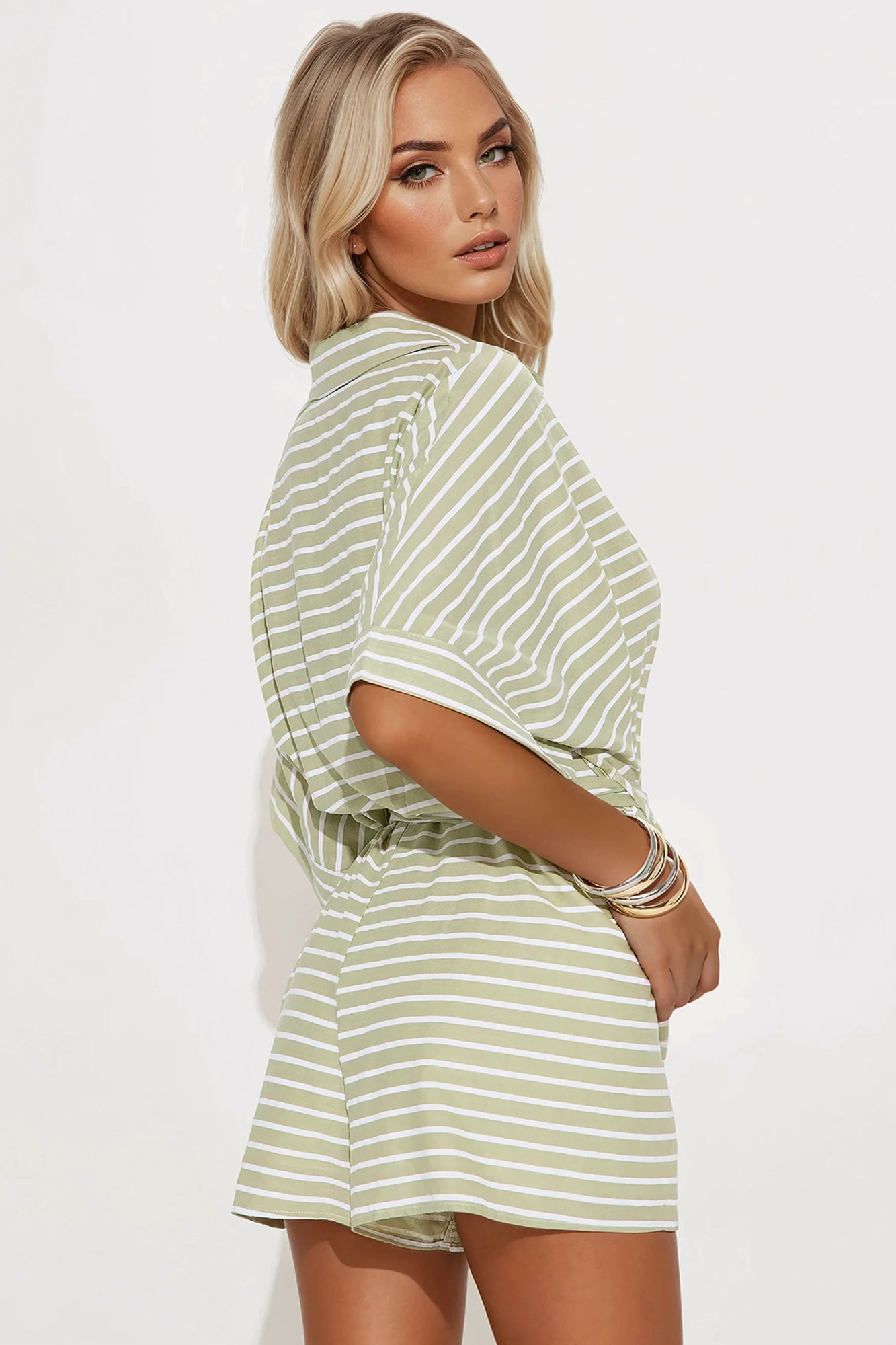Vacation Mode Linen Romper - Sage/combo - Image 3