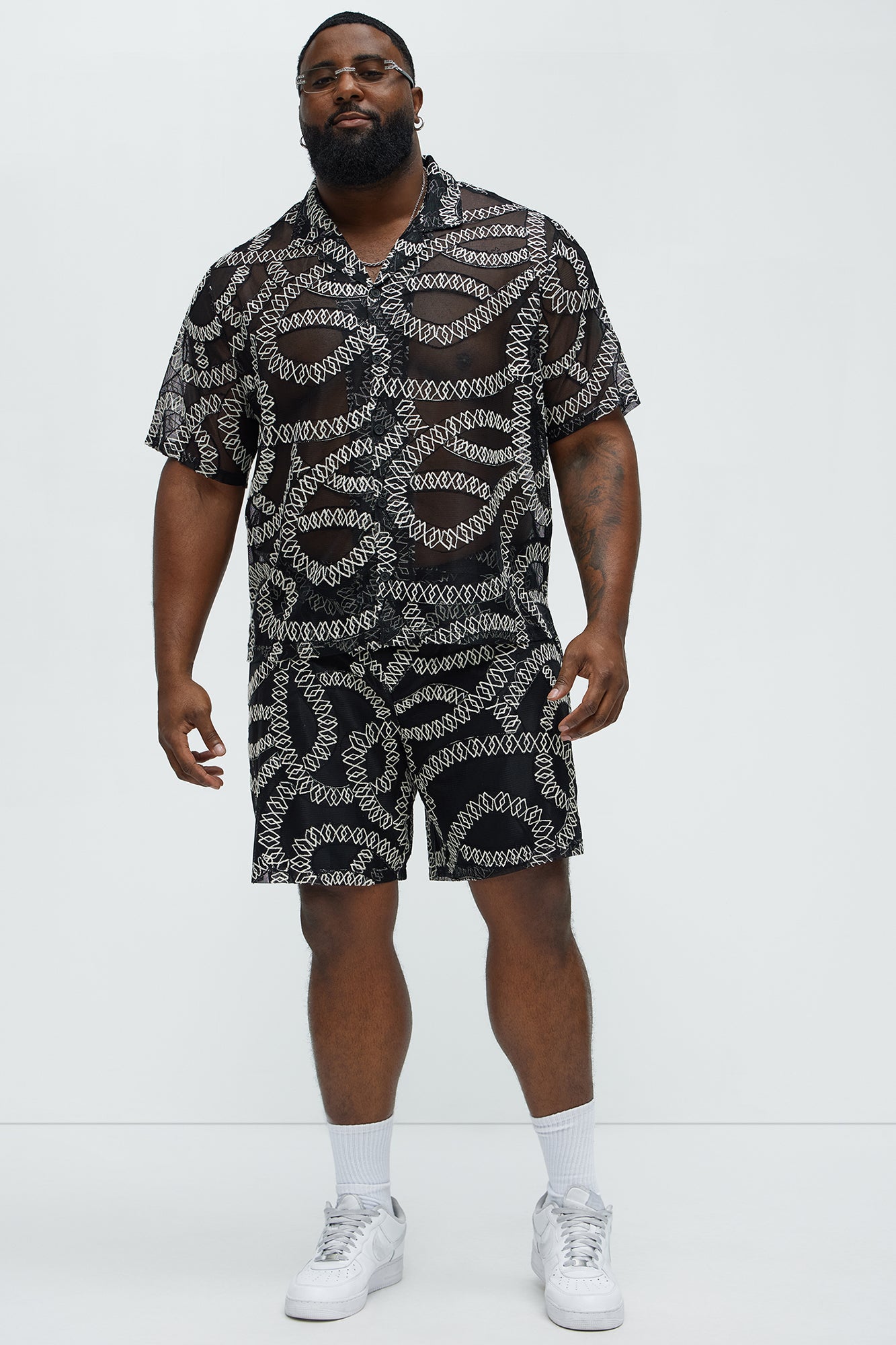 Embroidered Netting Relaxed Shorts - Black - Image 6