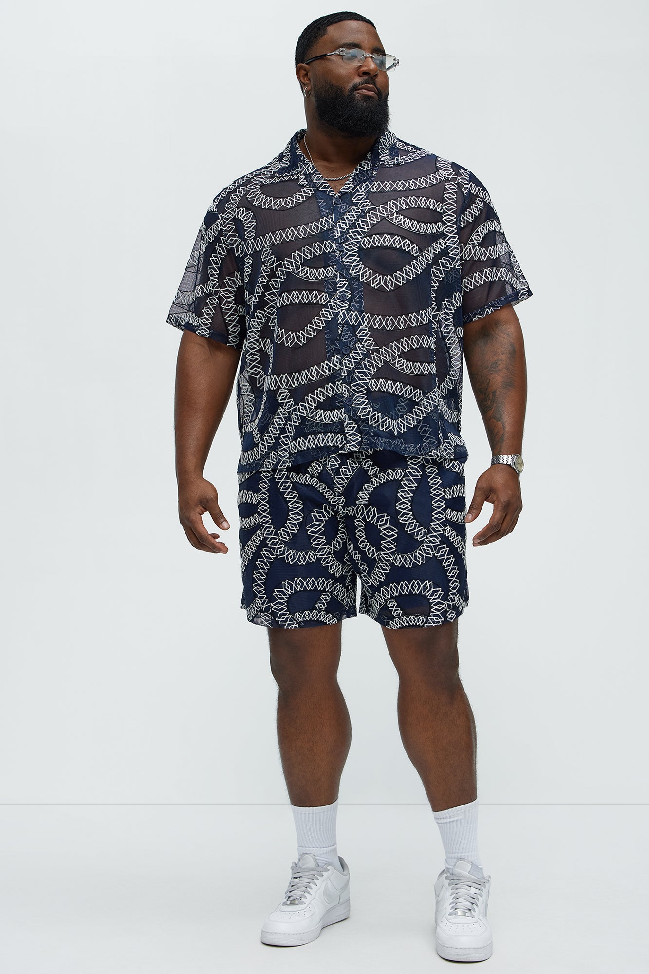 Embroidered Netting Relaxed Shorts - Navy - Image 6