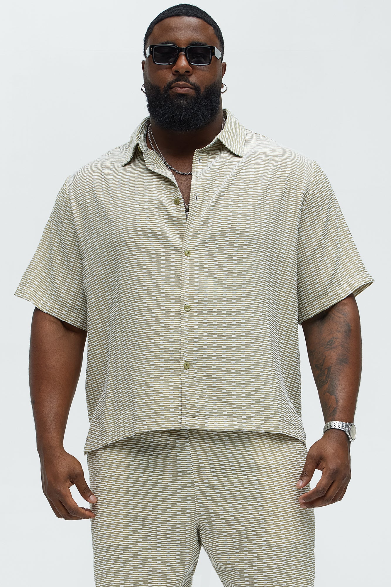 Textured Chenille Pattern Button Up Shirt - Green/combo - Image 5