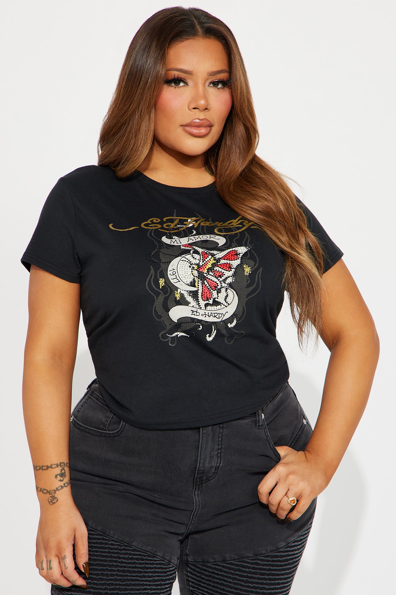 Ed Hardy Mi Amor Rhinestone Tee - Black - Image 6