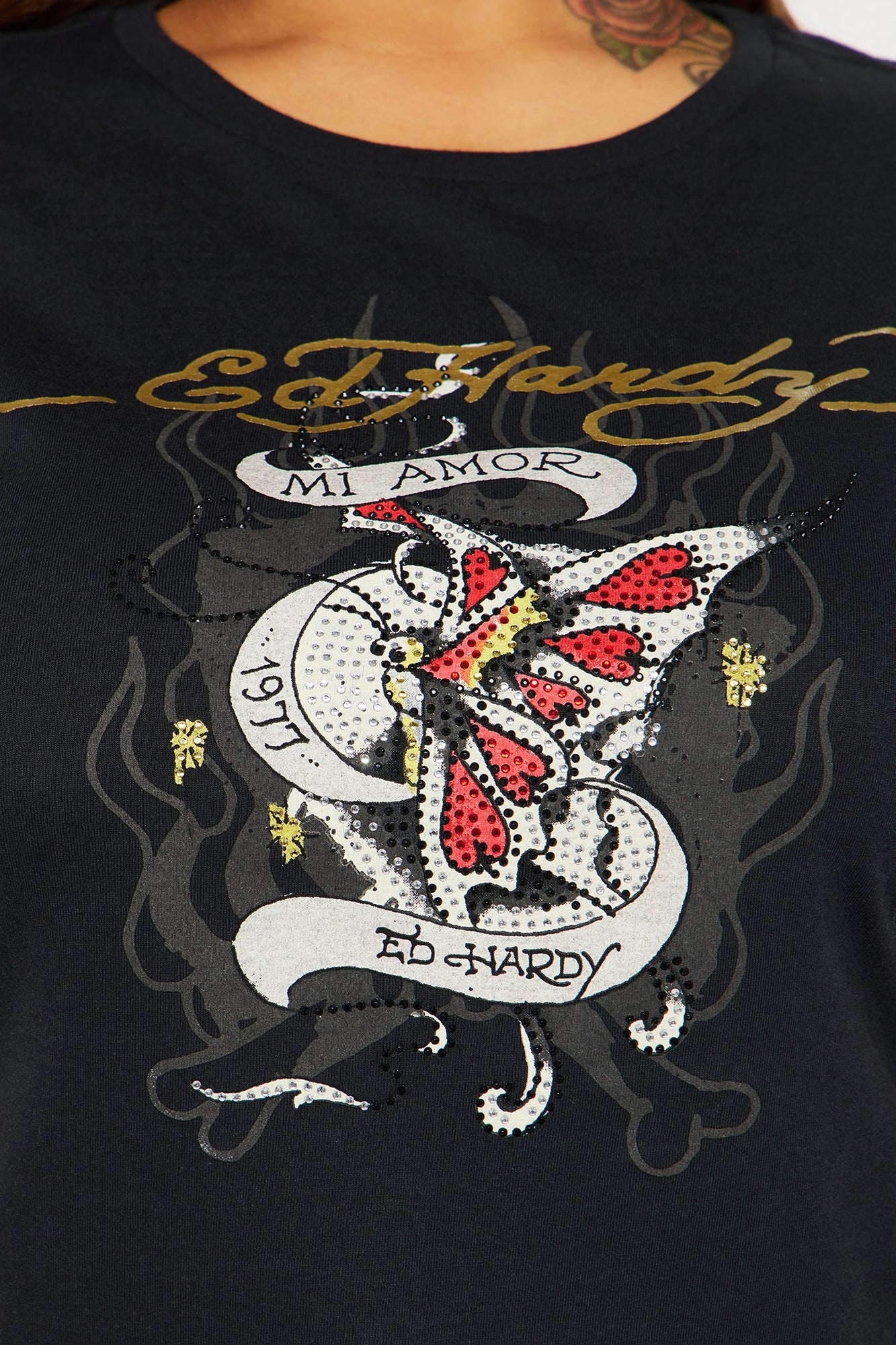 Ed Hardy Mi Amor Rhinestone Tee - Black - Image 8