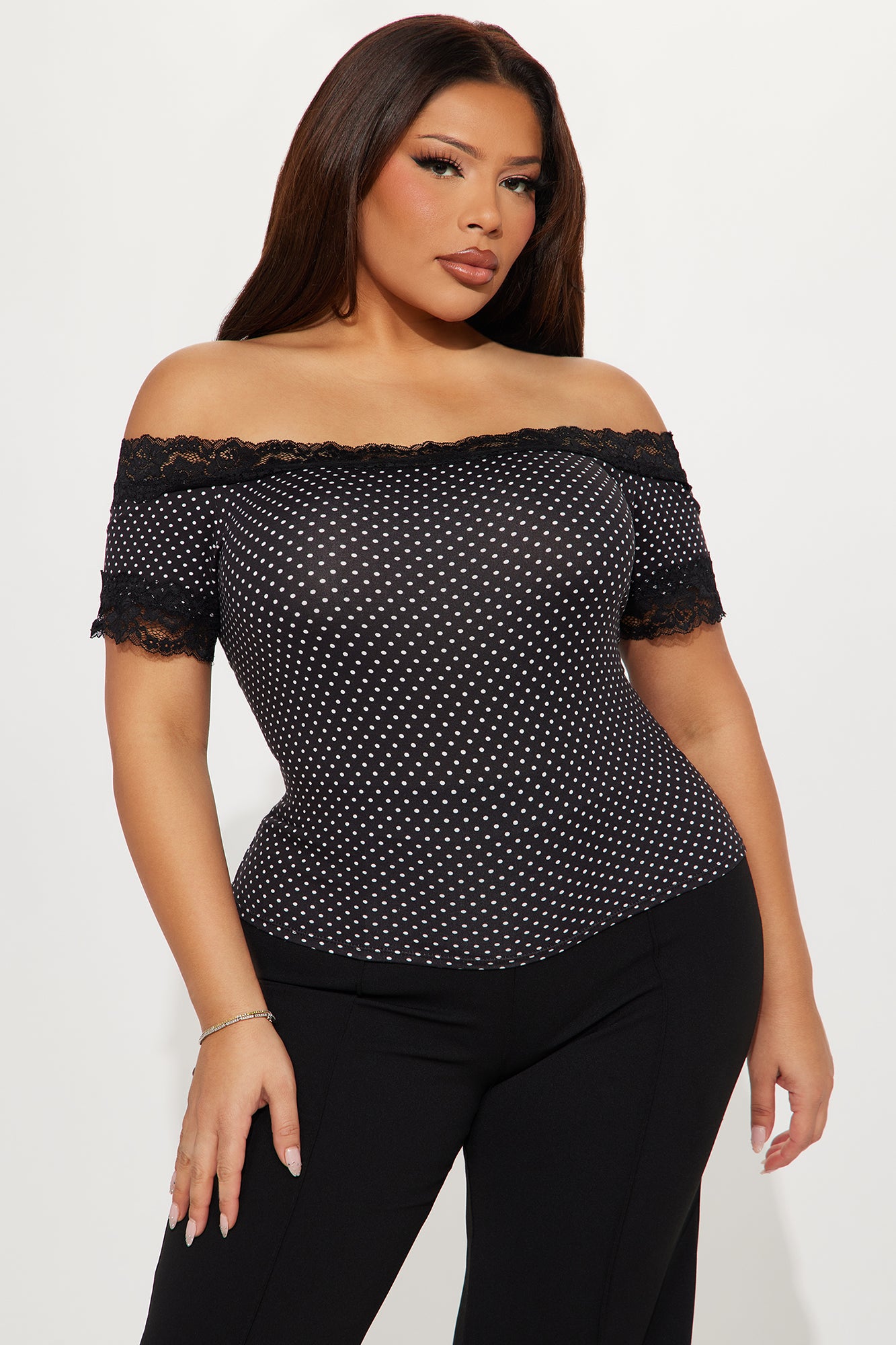 Pretty Thoughts Polka Dot Off Shoulder Top - Black/White - Image 4