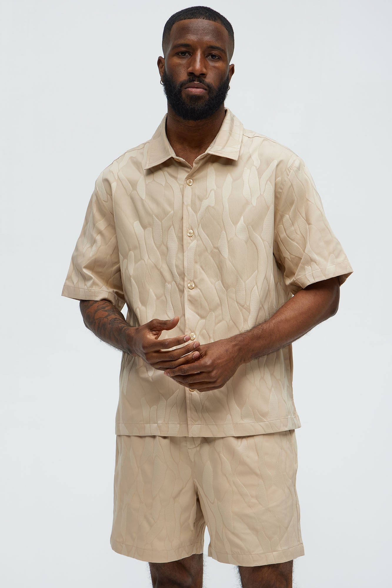 Paving Stone Jacquard Closed Collar Shirt - Tan - Image 5