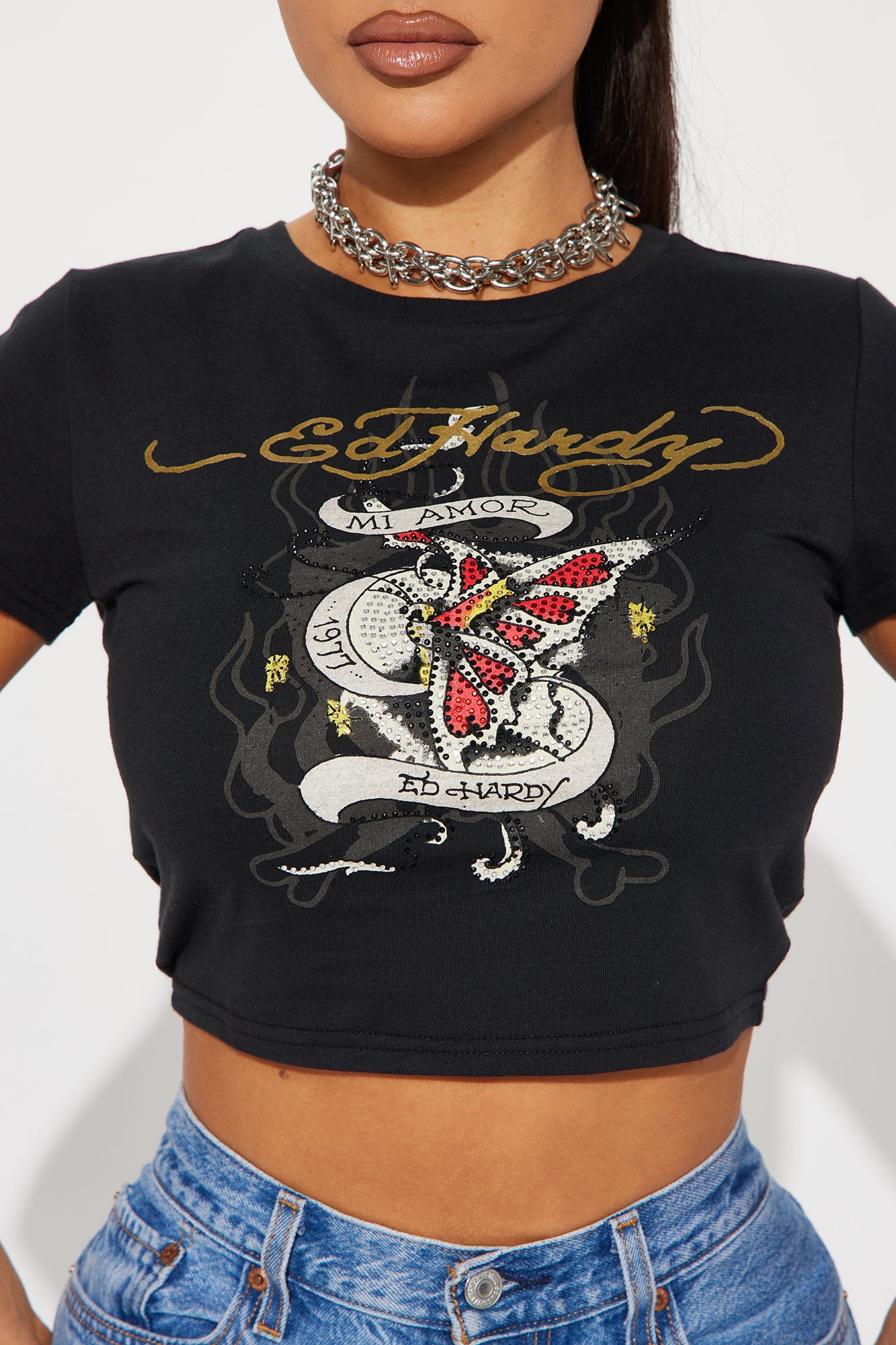 Ed Hardy Mi Amor Rhinestone Tee - Black - Image 3