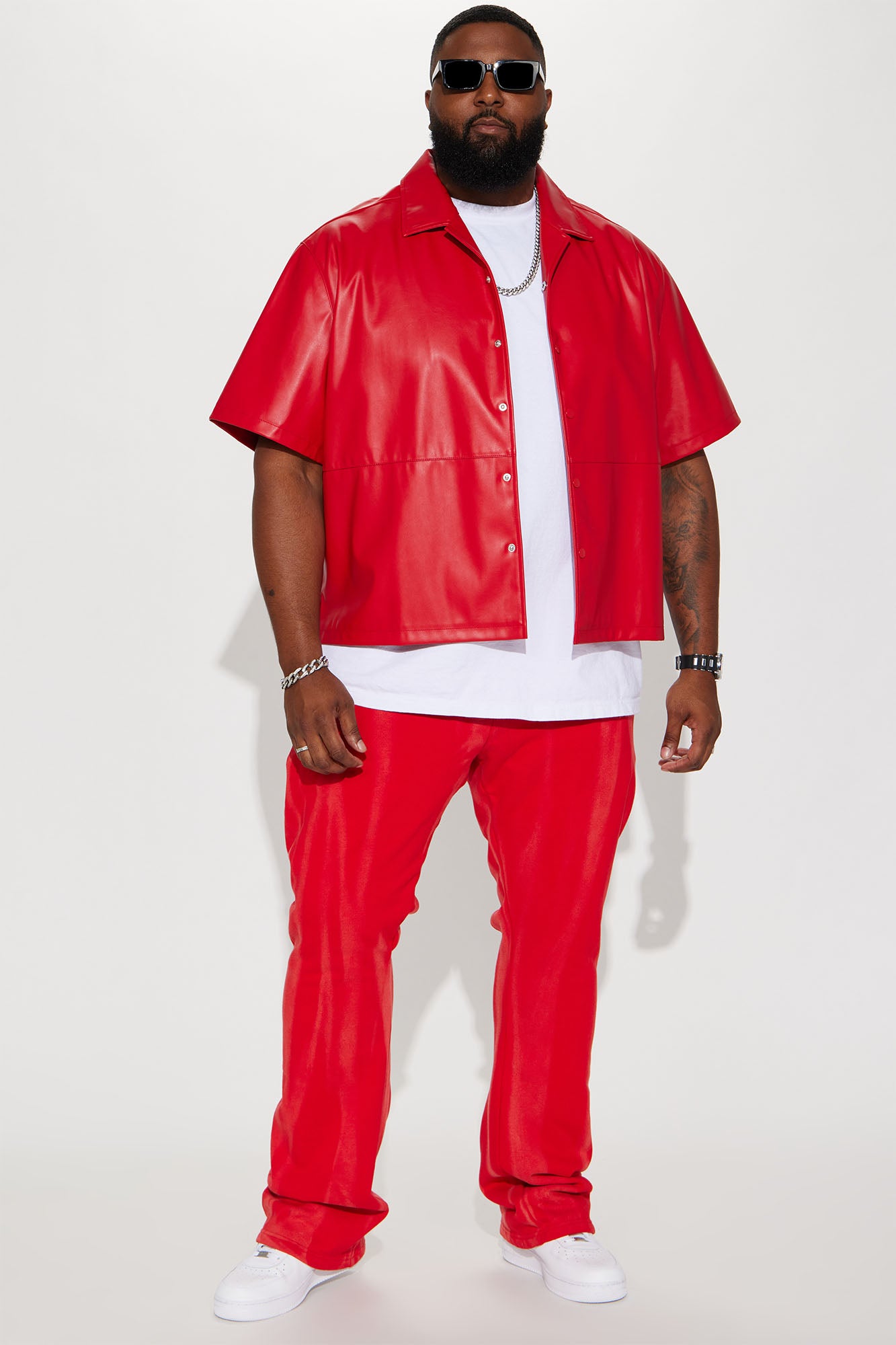 Slam Dunk Faux Leather Short Sleeve Button Up - Red - Image 5