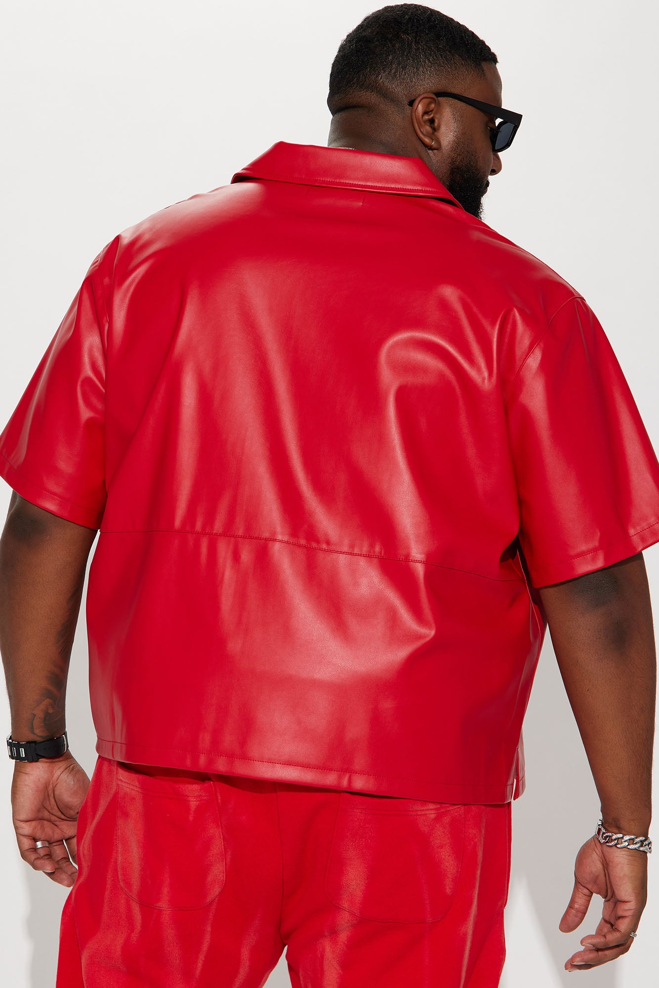 Slam Dunk Faux Leather Short Sleeve Button Up - Red - Image 6