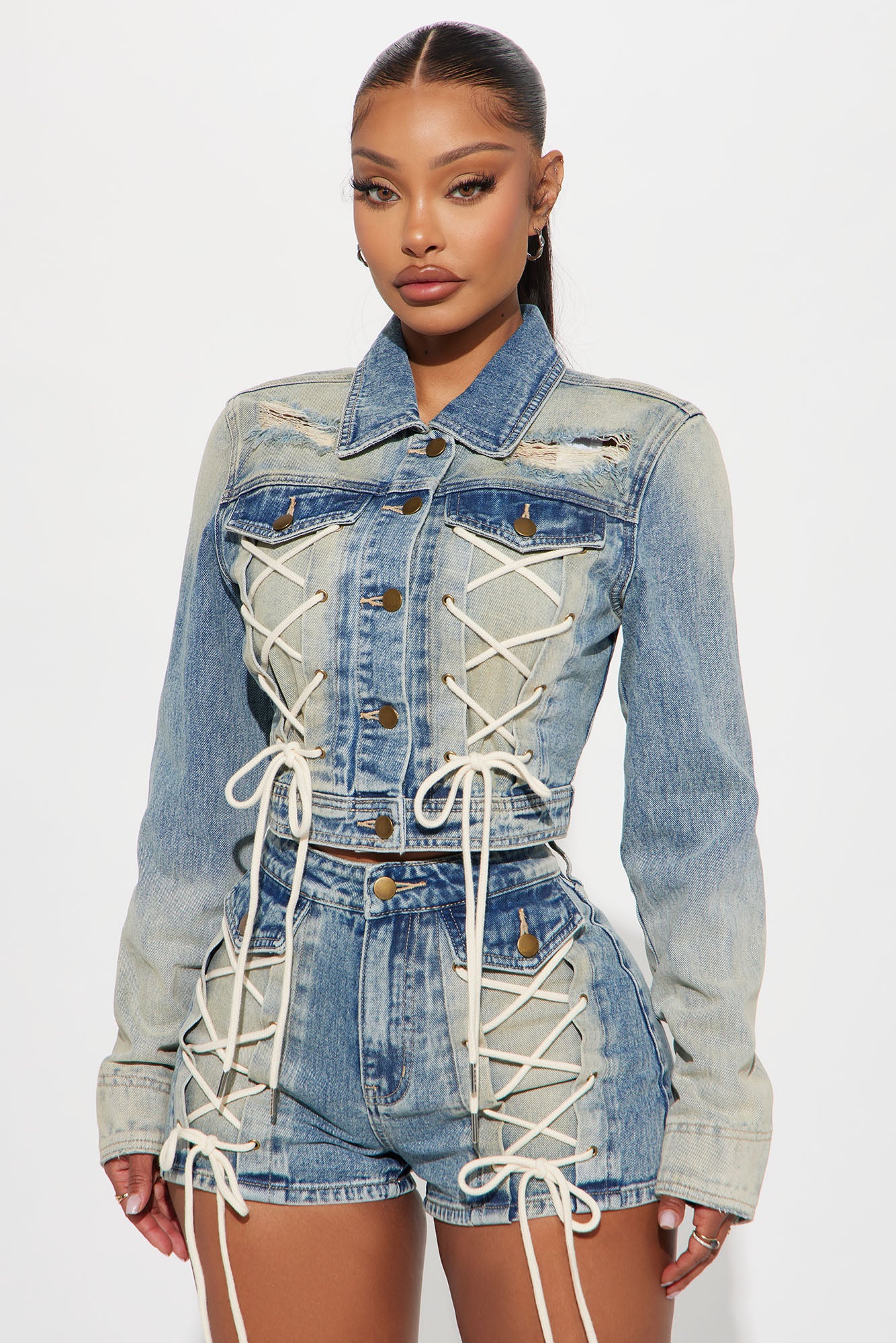 Reaching New Levels Lace Up Denim Jacket - Vintage Wash - Image 3