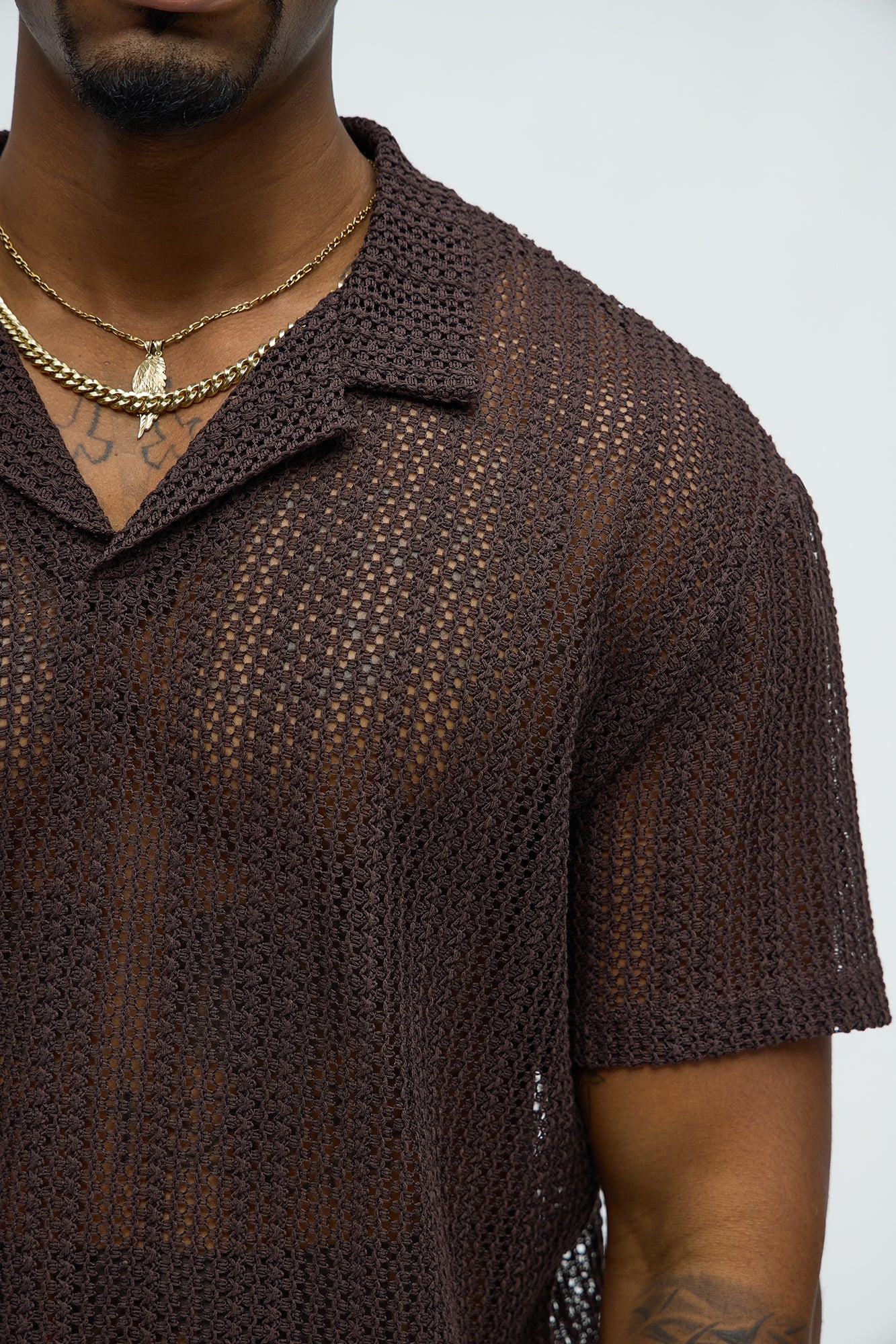 Aiden Crochet Johnny Collar Polo - Brown - Image 3