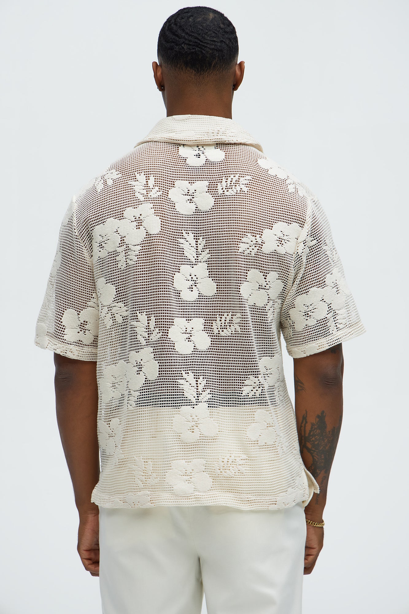 Carver Open Knit Crochet Cuban Shirt - Cream - Image 4