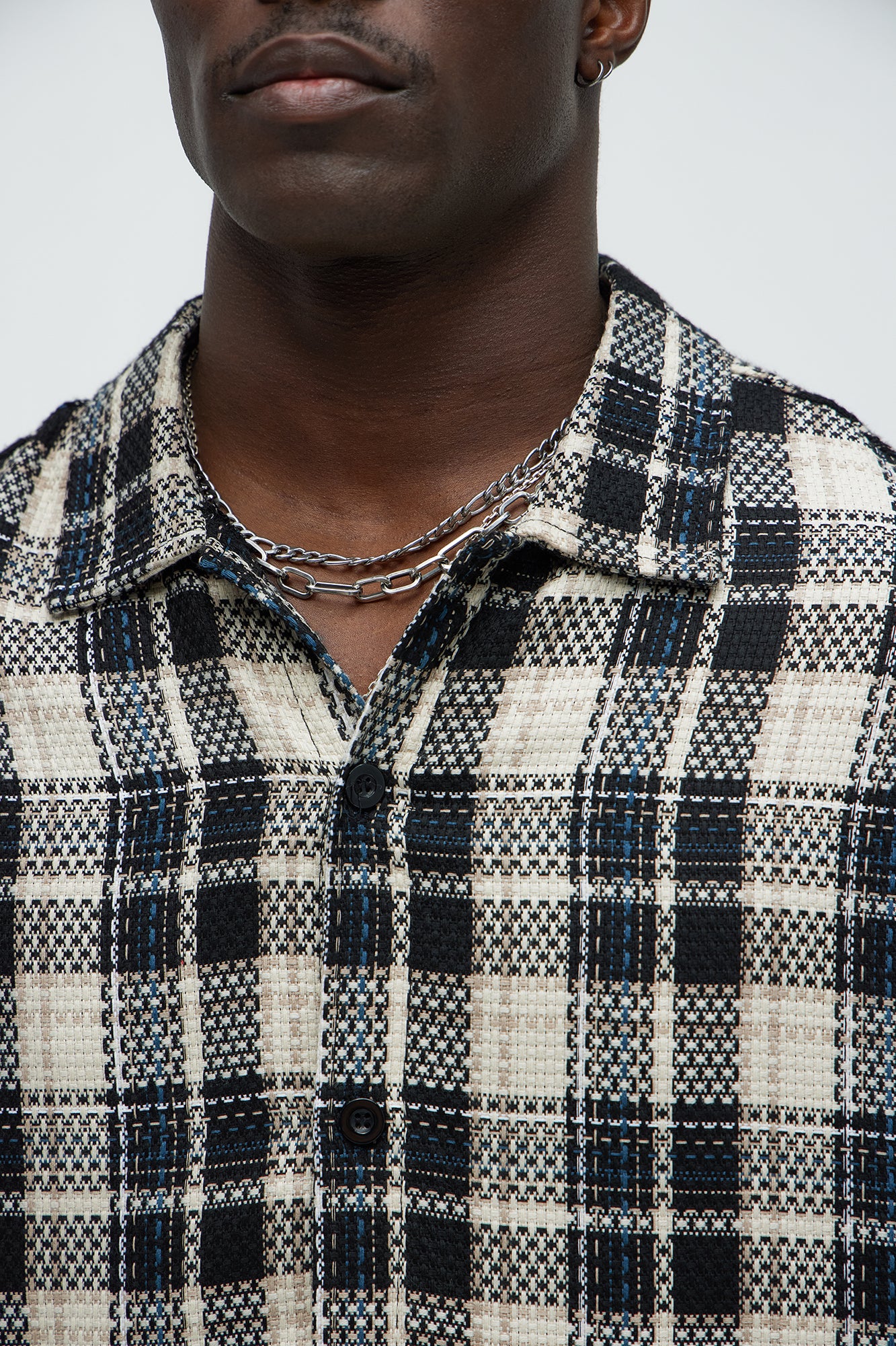 Plaid Basket Weave Cropped Button Up Shirt - Black/combo - Image 3