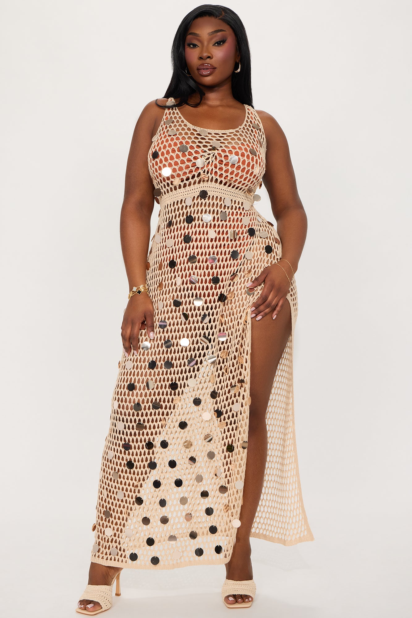 Stella Sequin Crochet Side Slit Cover Up Maxi Dress - Gold - Image 5