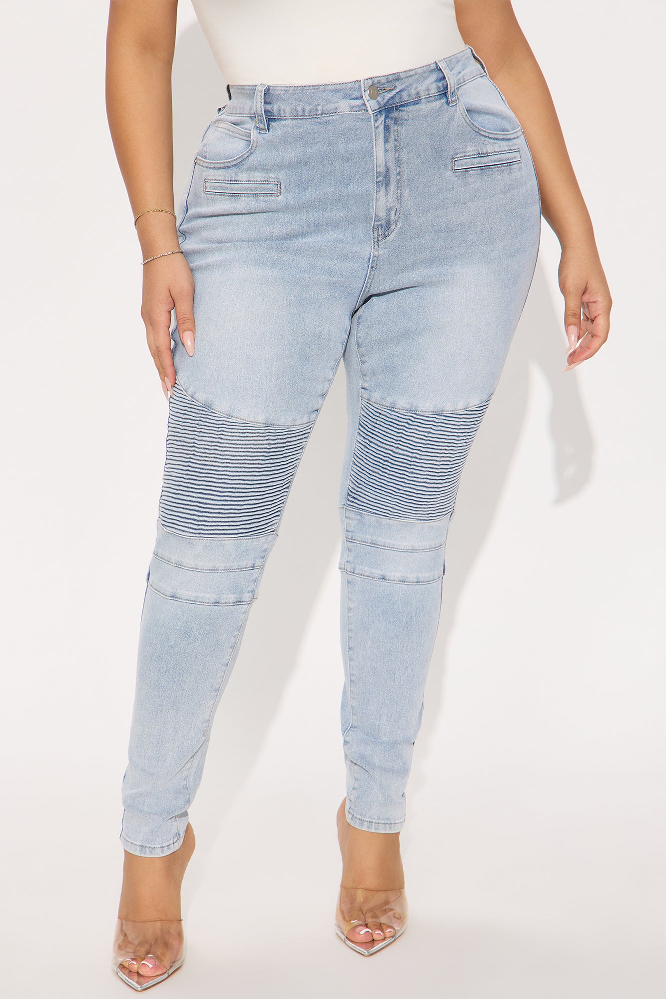 Give Me A Reason Stretch Moto Skinny Jeans - Light Wash - Image 5