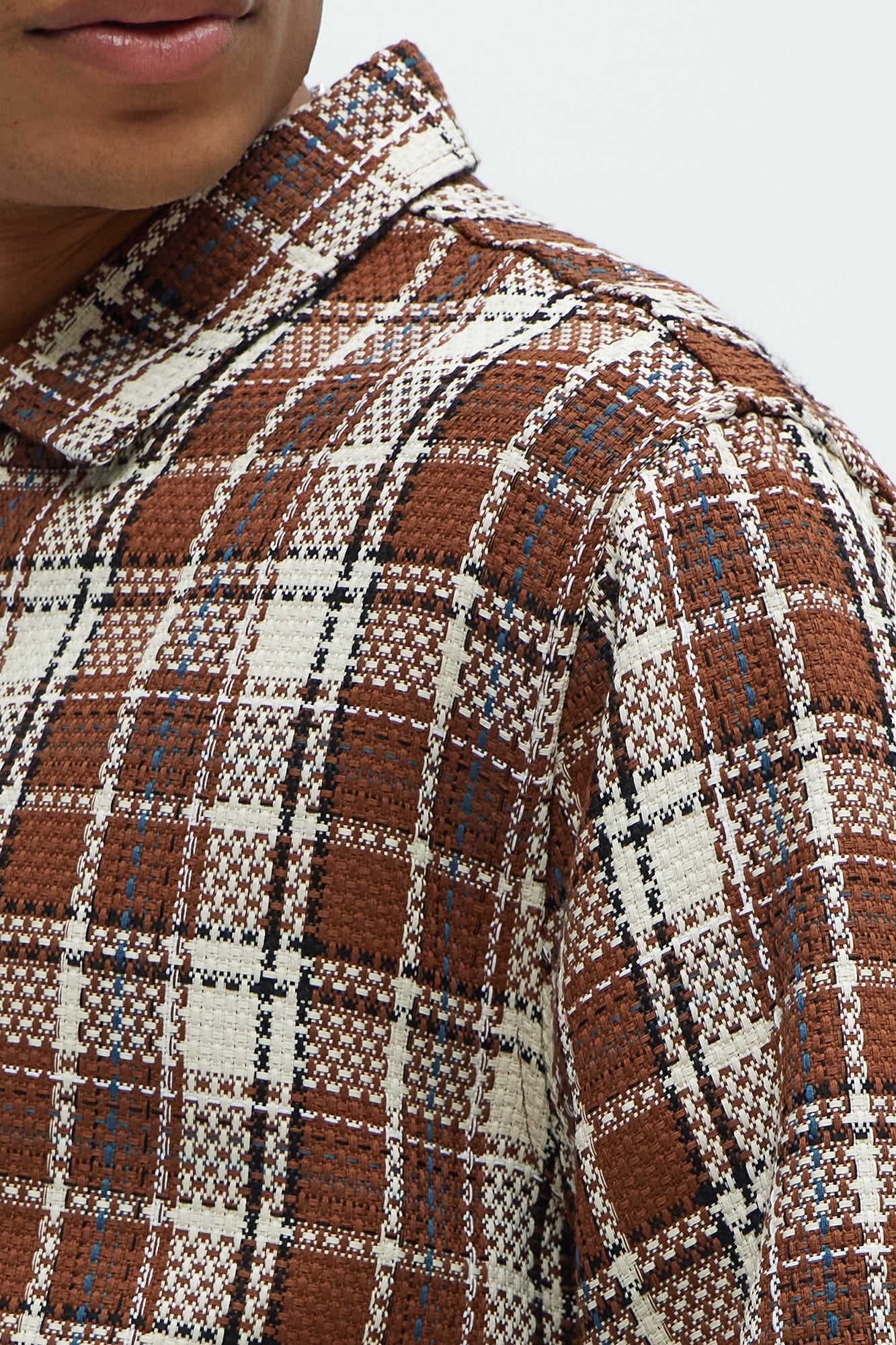 Plaid Basket Weave Cropped Button Up Shirt - Brown Combo - Image 3