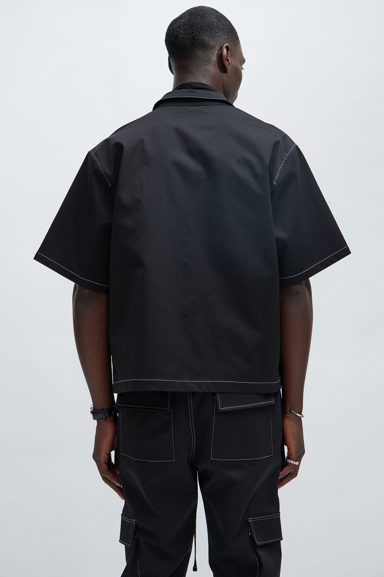 Curtis Contrast Stitch Boxy Shirt - Black - Image 3
