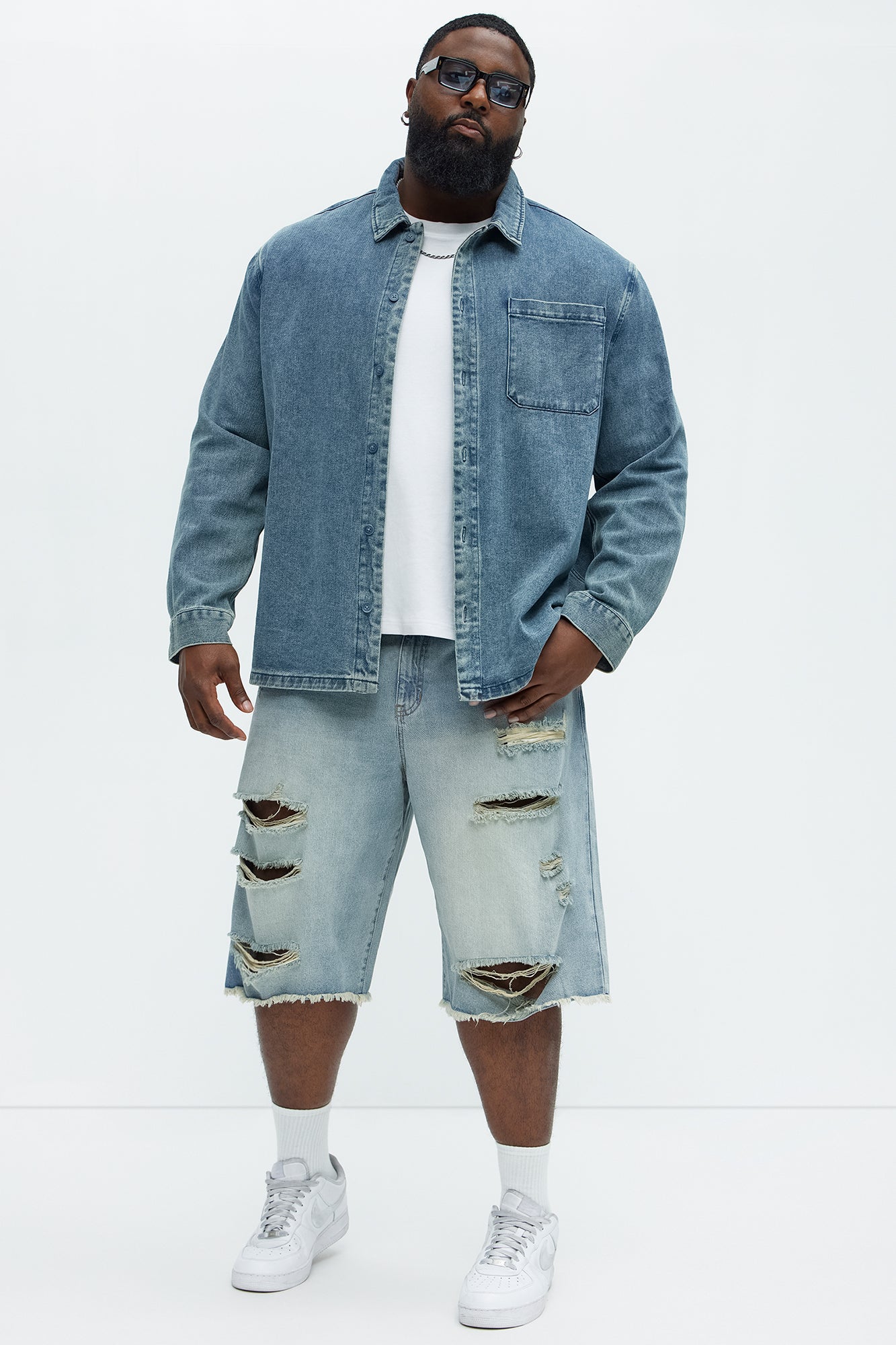 Back To It Distressed Baggy Denim Shorts - Light Blue Wash - Image 7