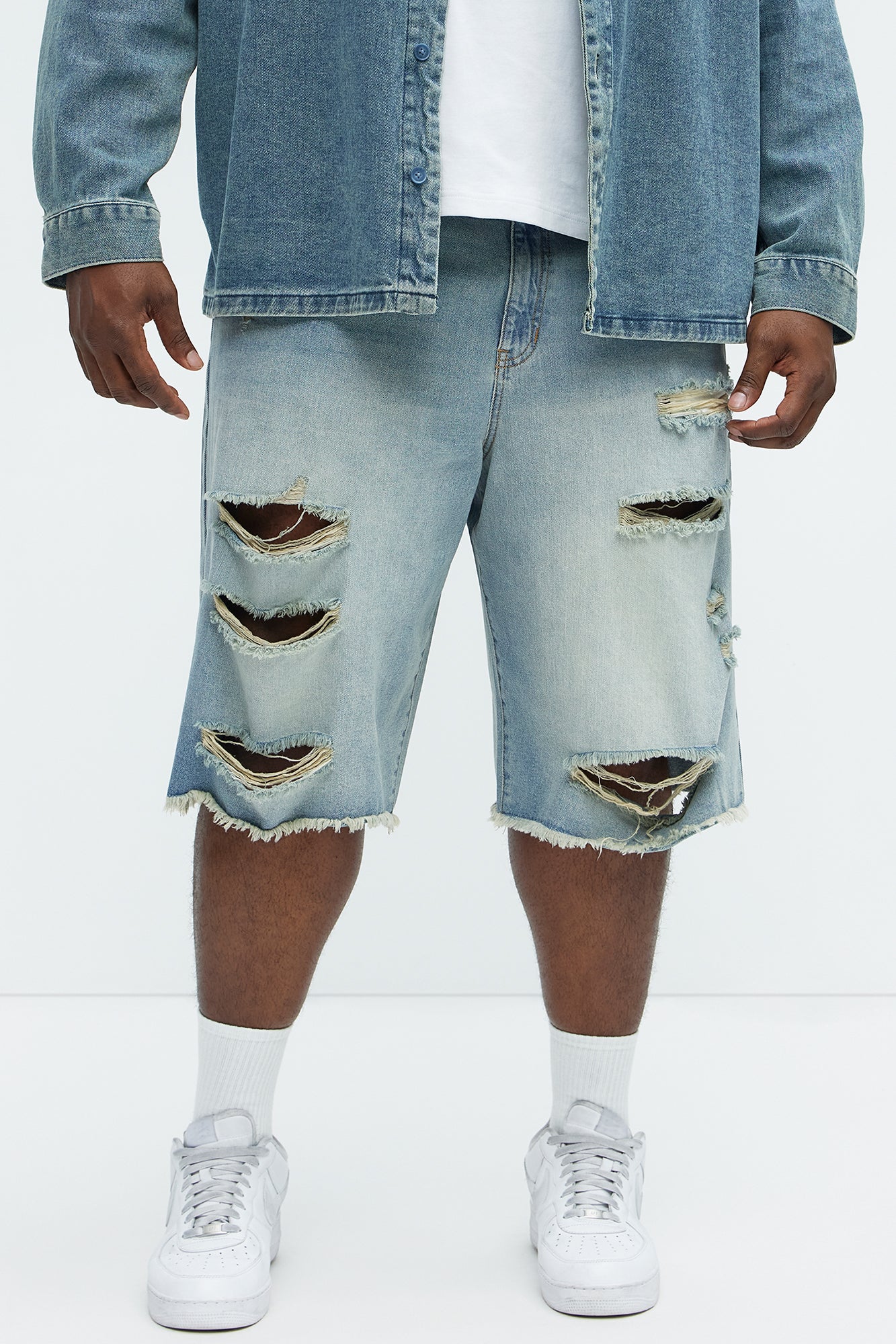 Back To It Distressed Baggy Denim Shorts - Light Blue Wash - Image 6