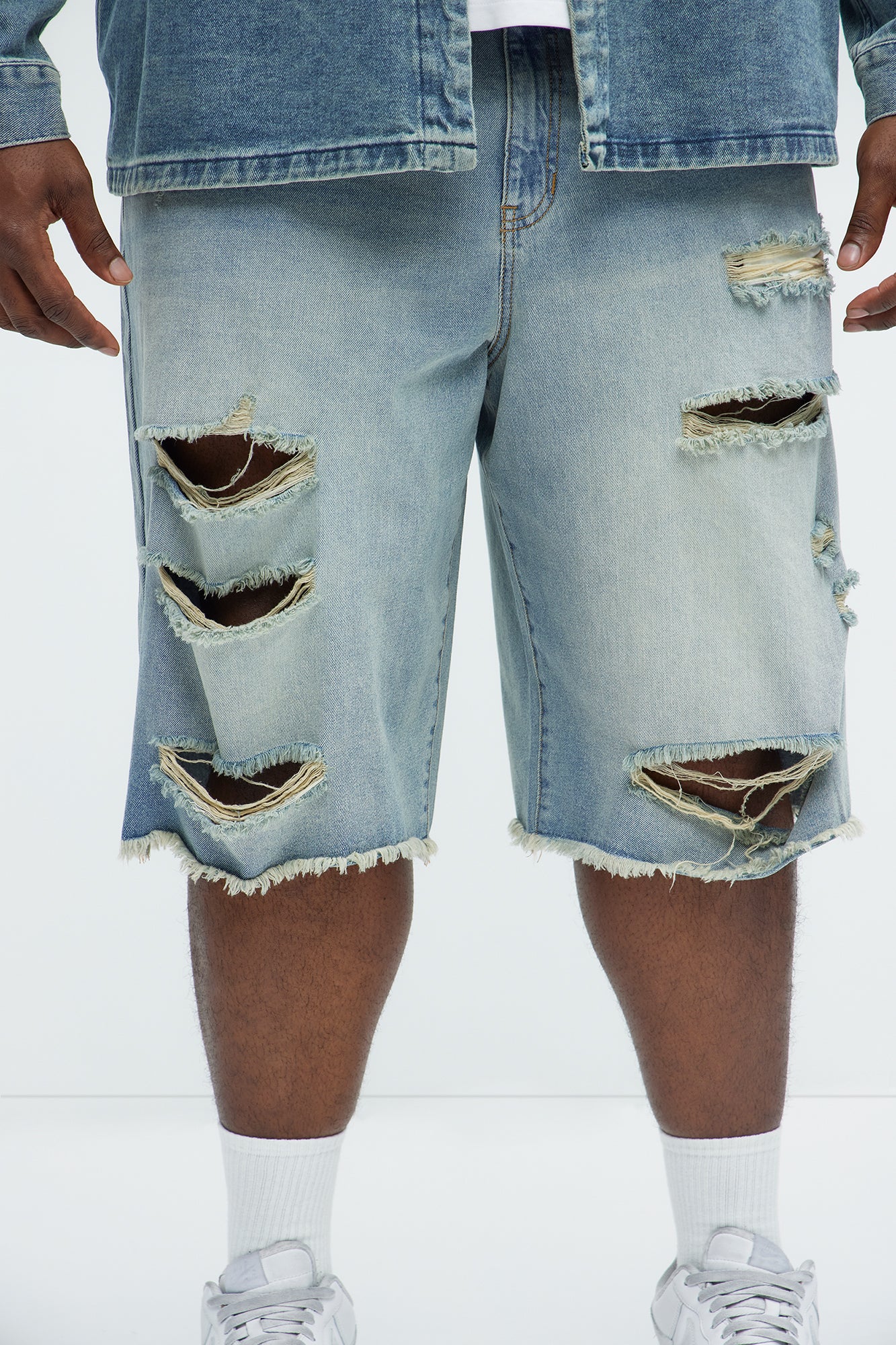 Back To It Distressed Baggy Denim Shorts - Light Blue Wash - Image 8