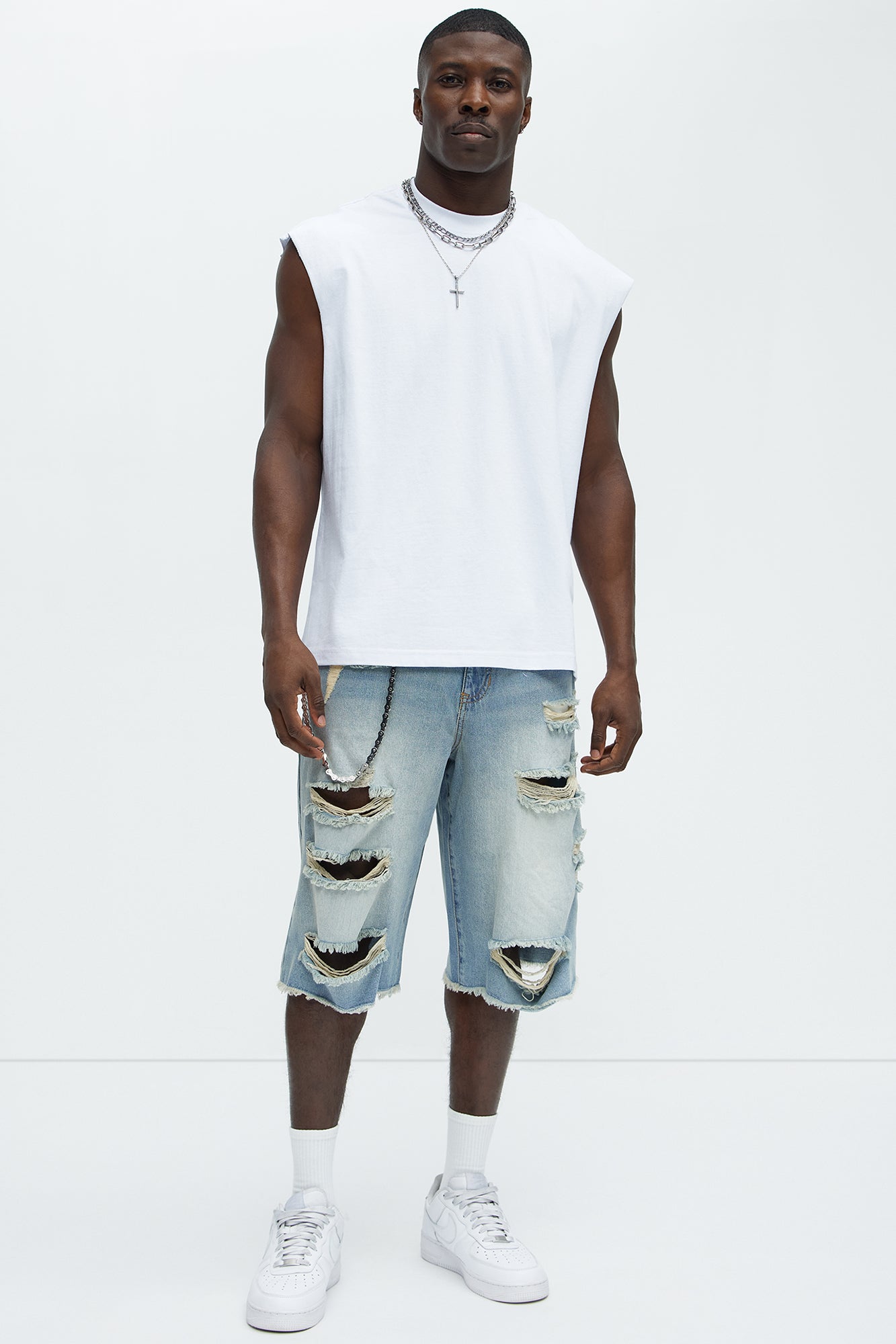 Back To It Distressed Baggy Denim Shorts - Light Blue Wash - Image 3