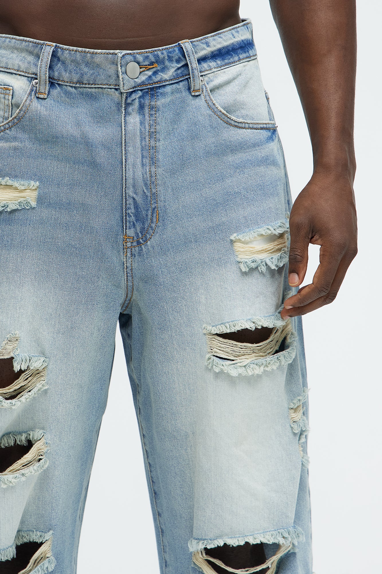 Back To It Distressed Baggy Denim Shorts - Light Blue Wash - Image 4