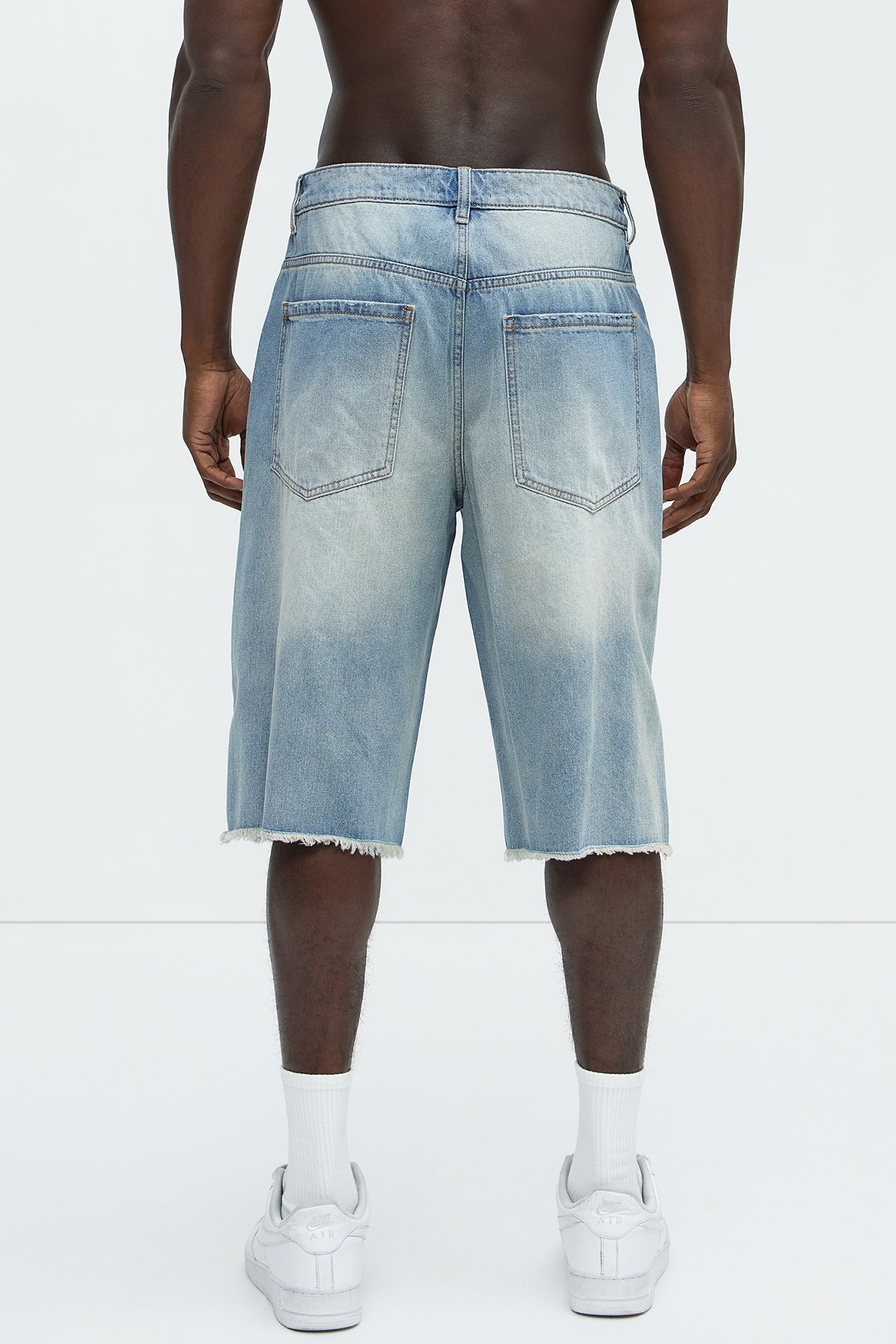 Back To It Distressed Baggy Denim Shorts - Light Blue Wash - Image 5