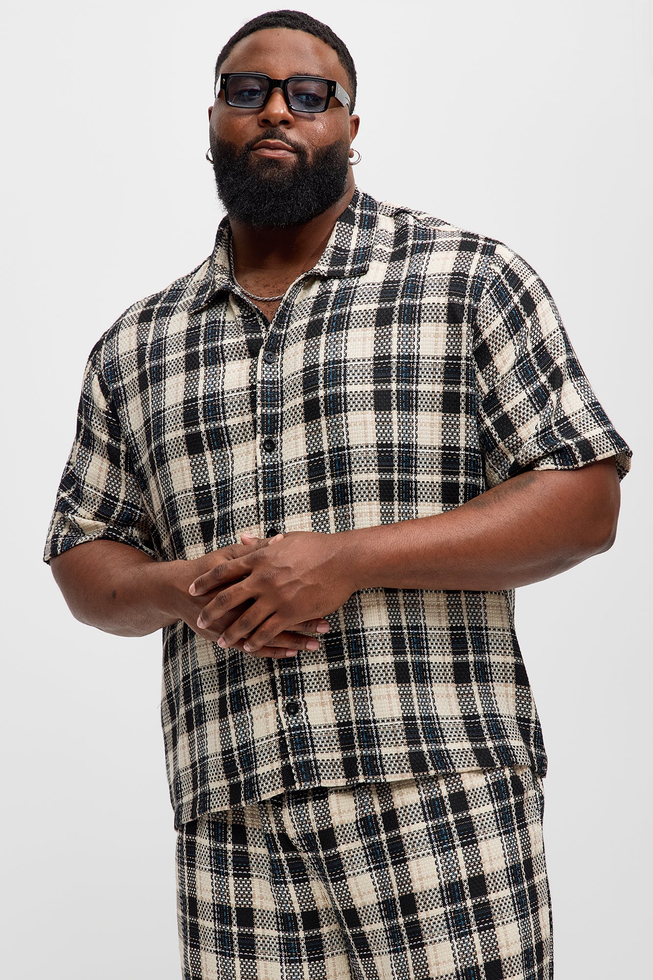 Plaid Basket Weave Cropped Button Up Shirt - Black/combo - Image 5