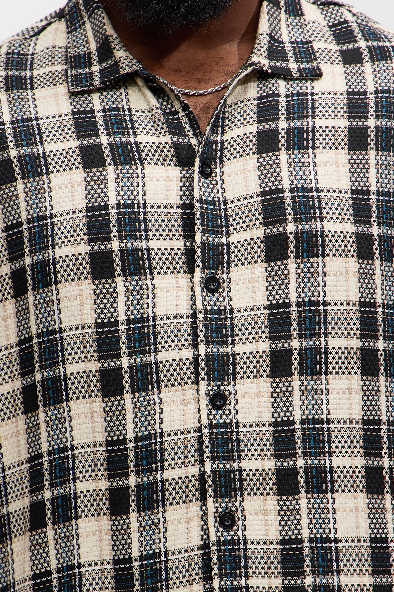 Plaid Basket Weave Cropped Button Up Shirt - Black/combo - Image 7