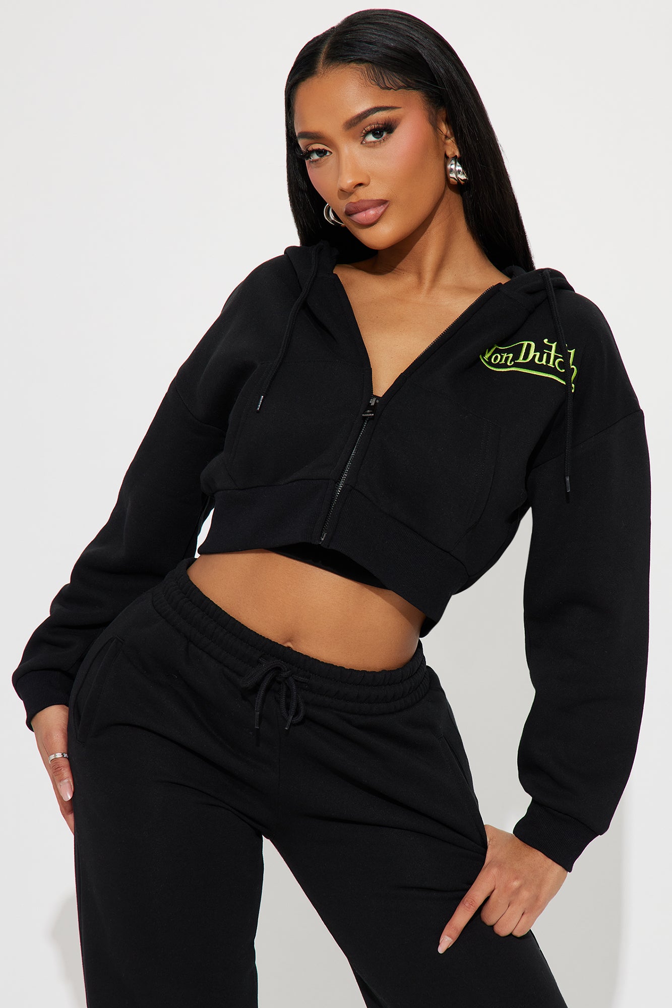 Von Dutch Embroidered Cropped Hoodie - Black/Green - Image 4
