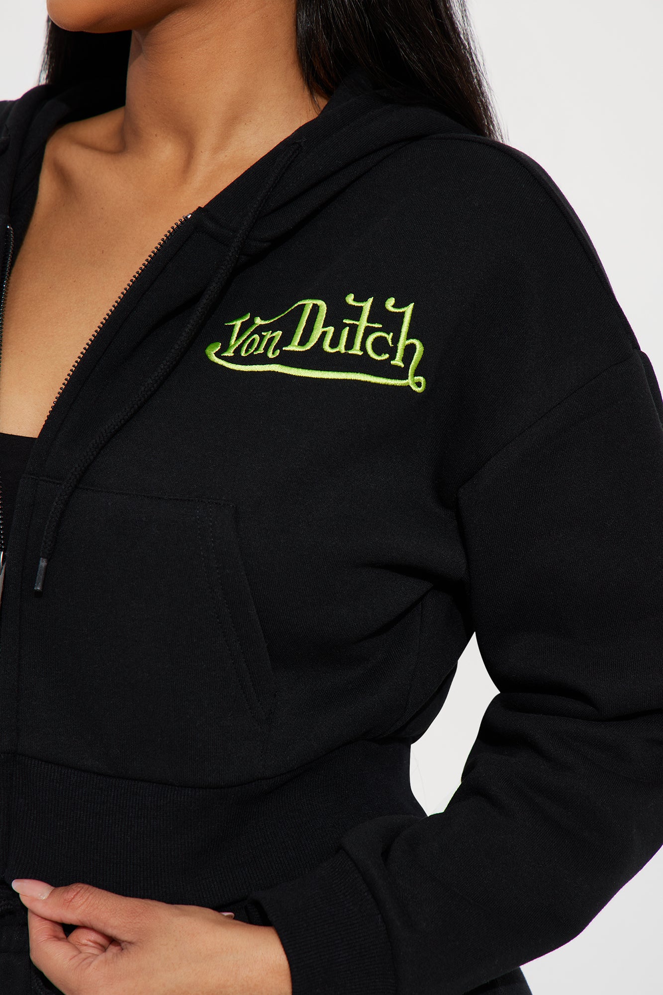 Von Dutch Embroidered Cropped Hoodie - Black/Green - Image 5