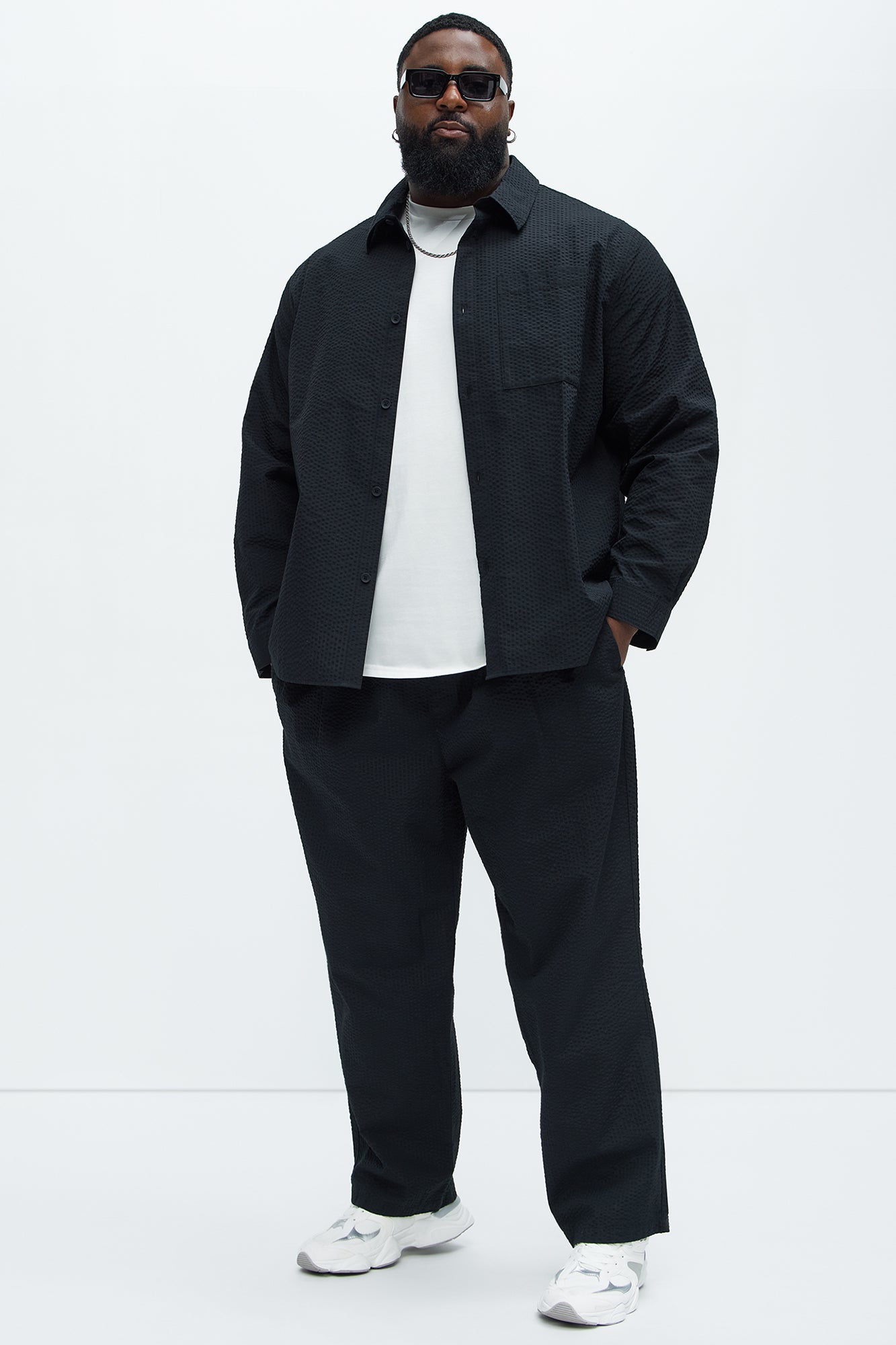 Seersucker Long Sleeve Button Up Shirt - Black - Image 6