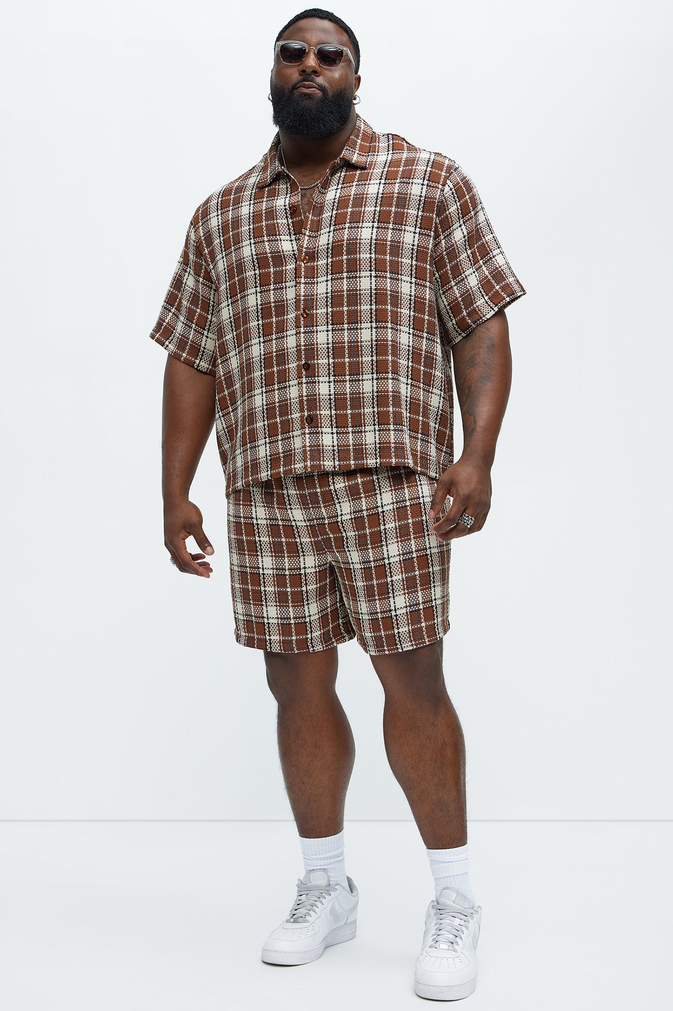 Plaid Basket Weave Cropped Button Up Shirt - Brown Combo - Image 6